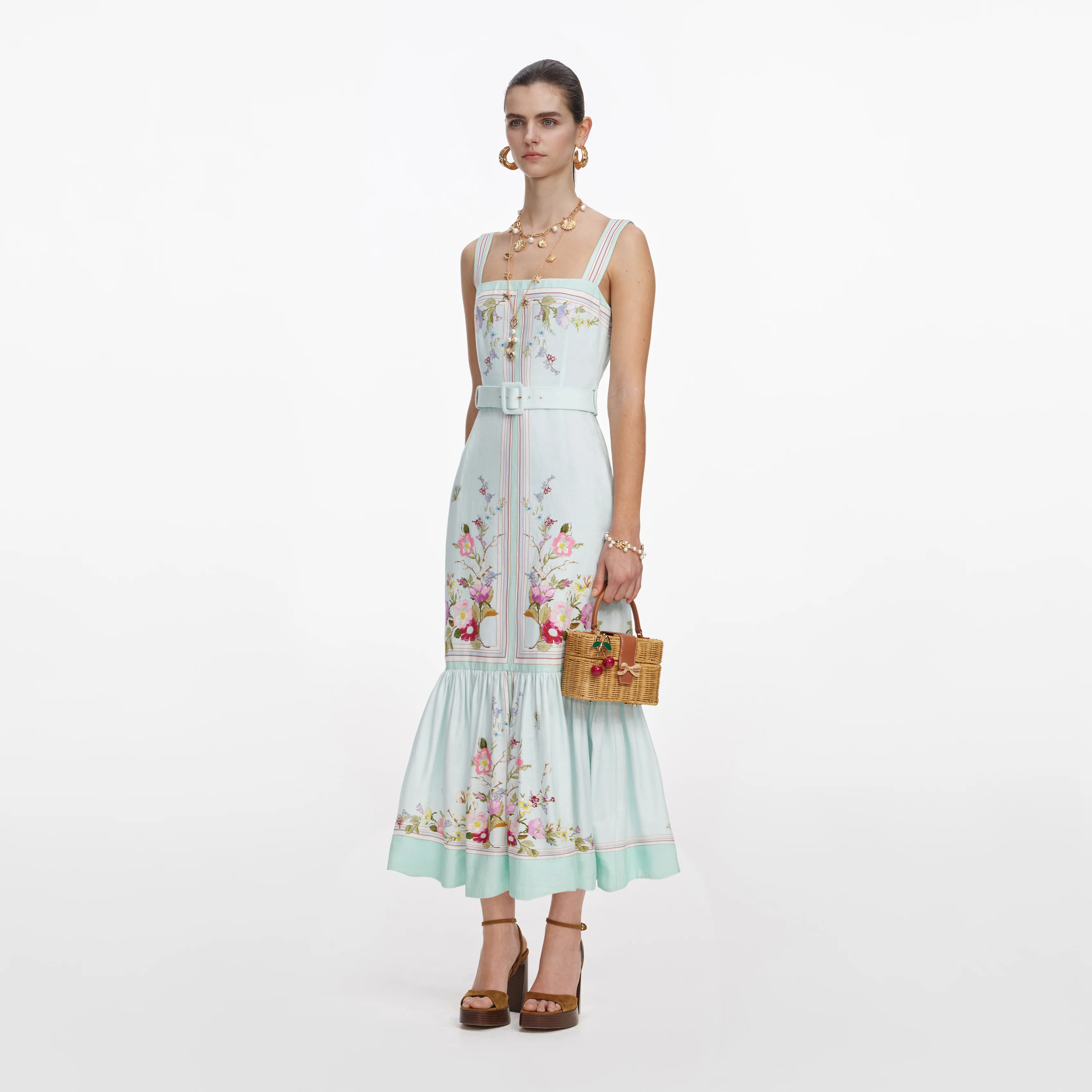 Mint Floral Linen Midi Dress - Image 2