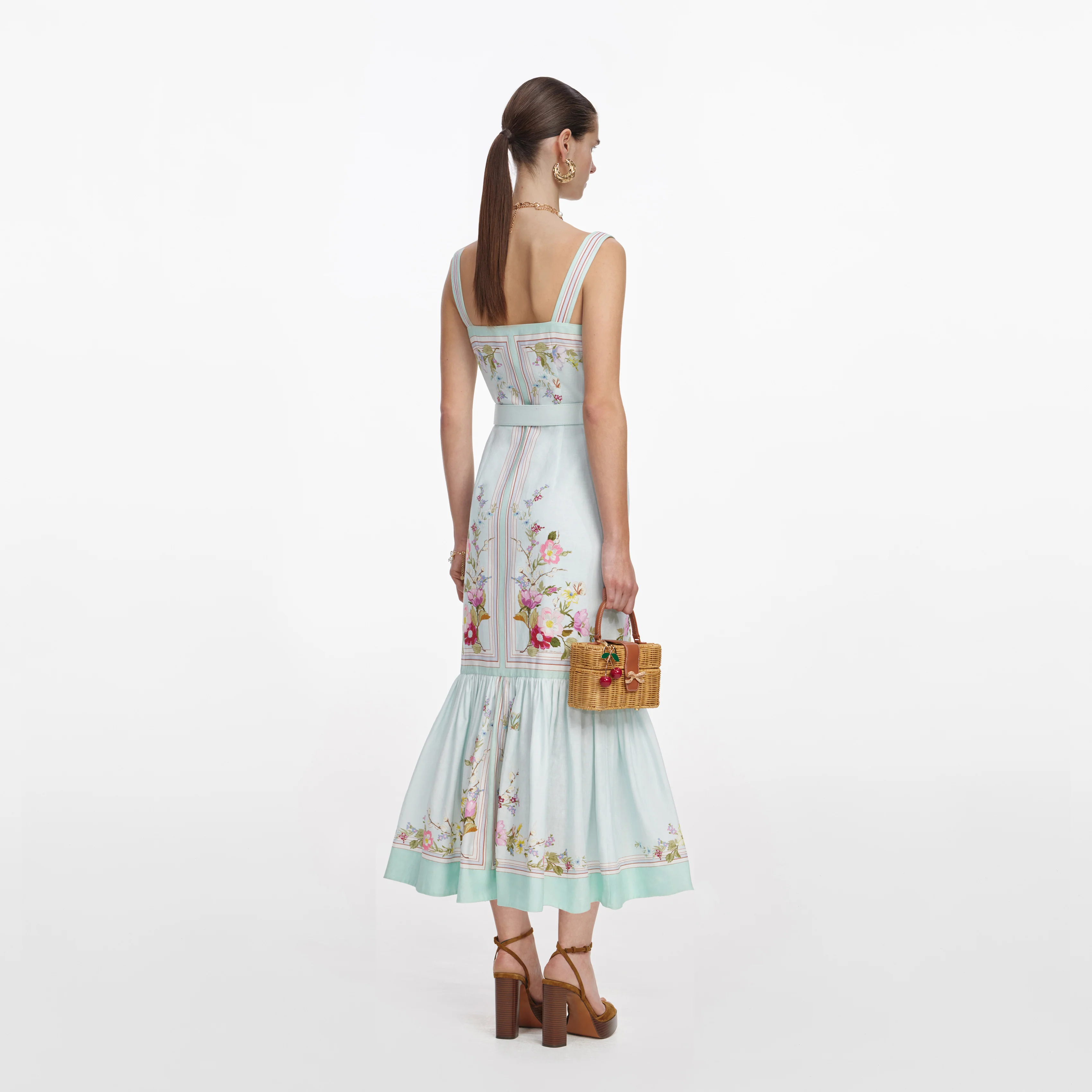 Mint Floral Linen Midi Dress - Image 3