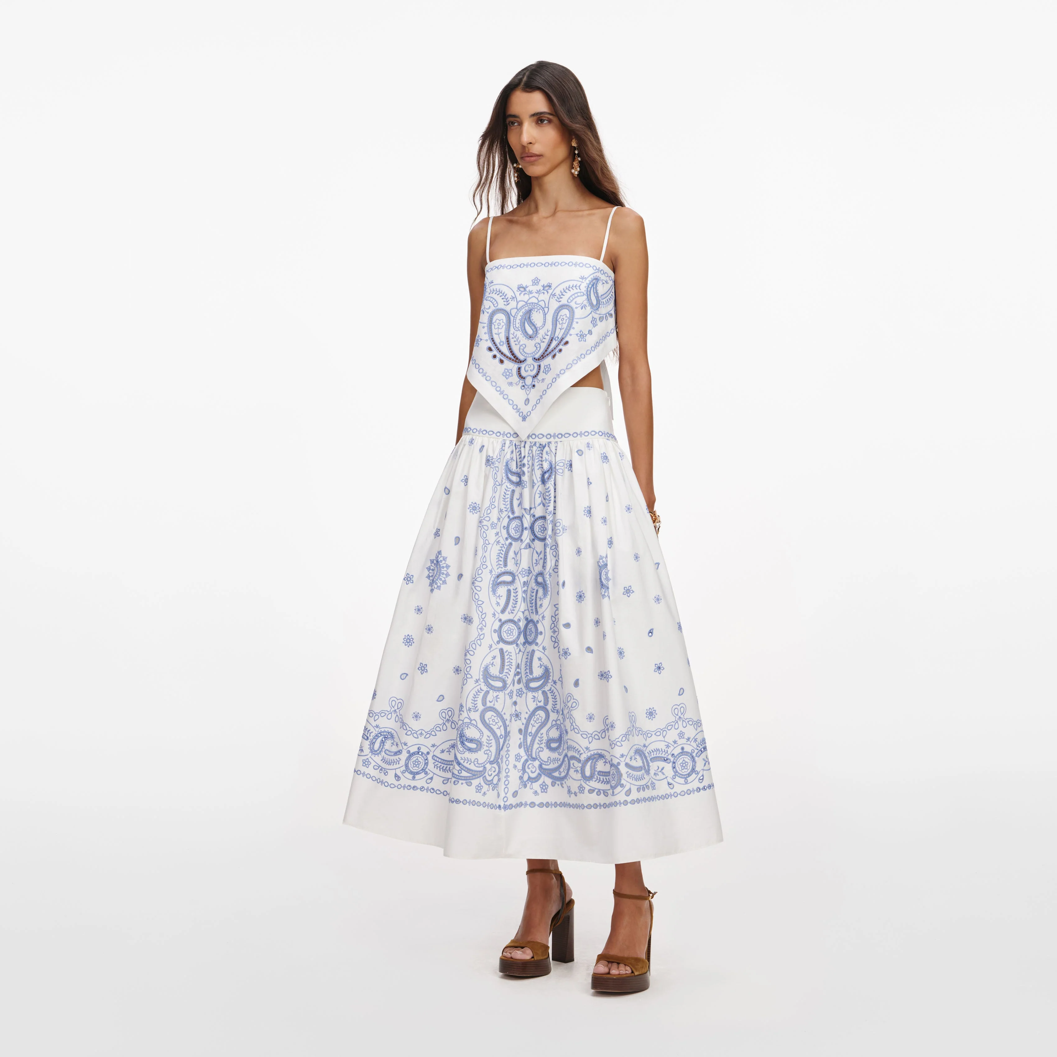 White And Blue Embroidered Midi Skirt - Image 2