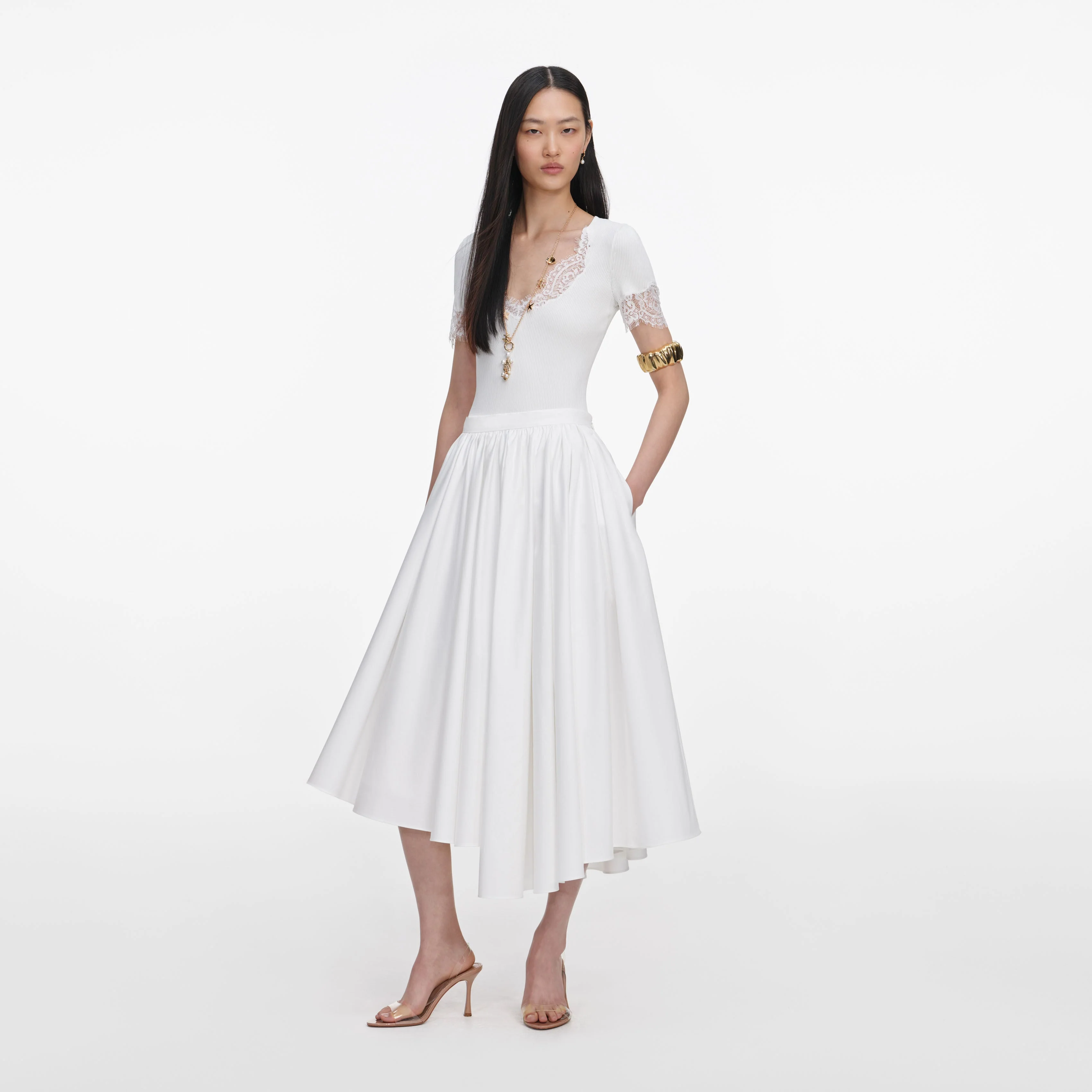White Cotton Poplin Midi Skirt - Image 2