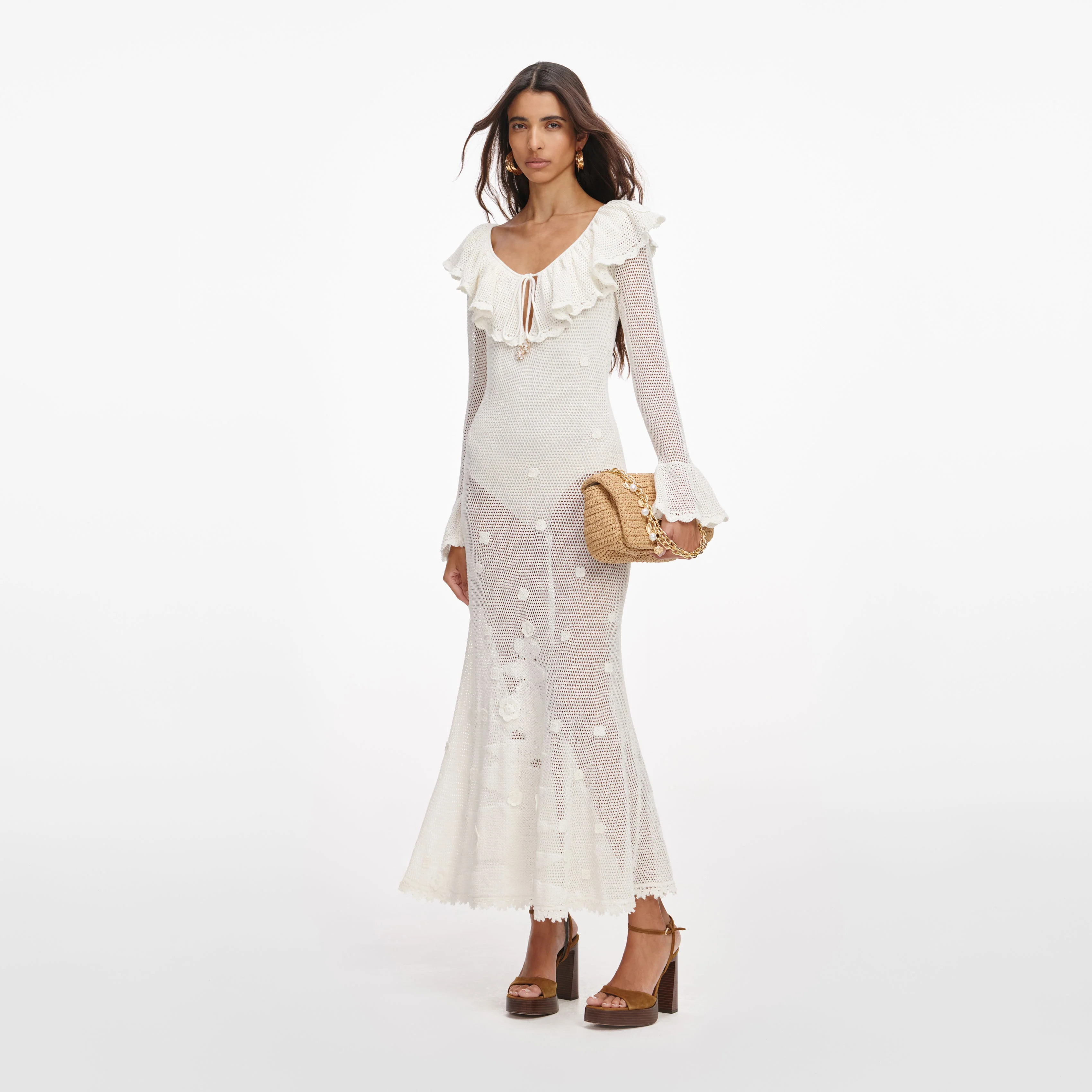 White Floral Crochet Midi Dress - Image 2