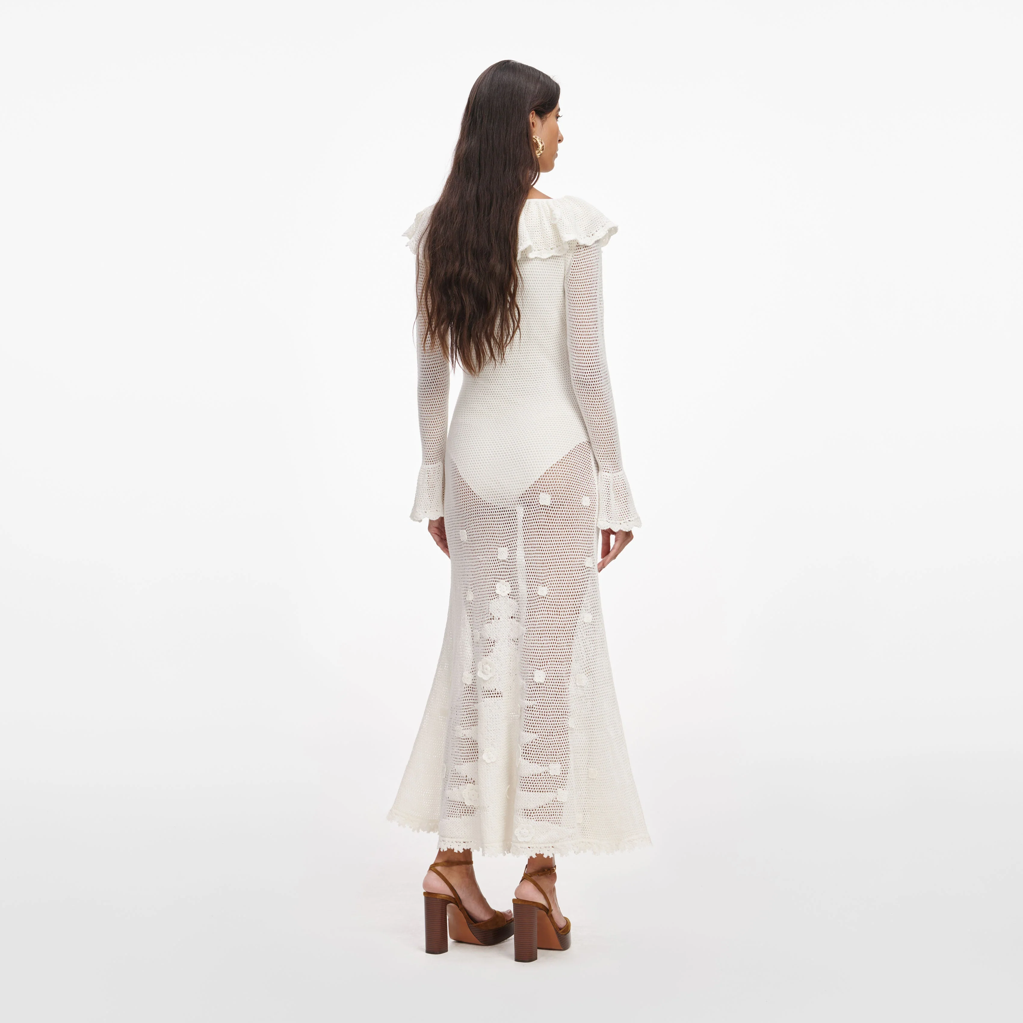 White Floral Crochet Midi Dress - Image 3
