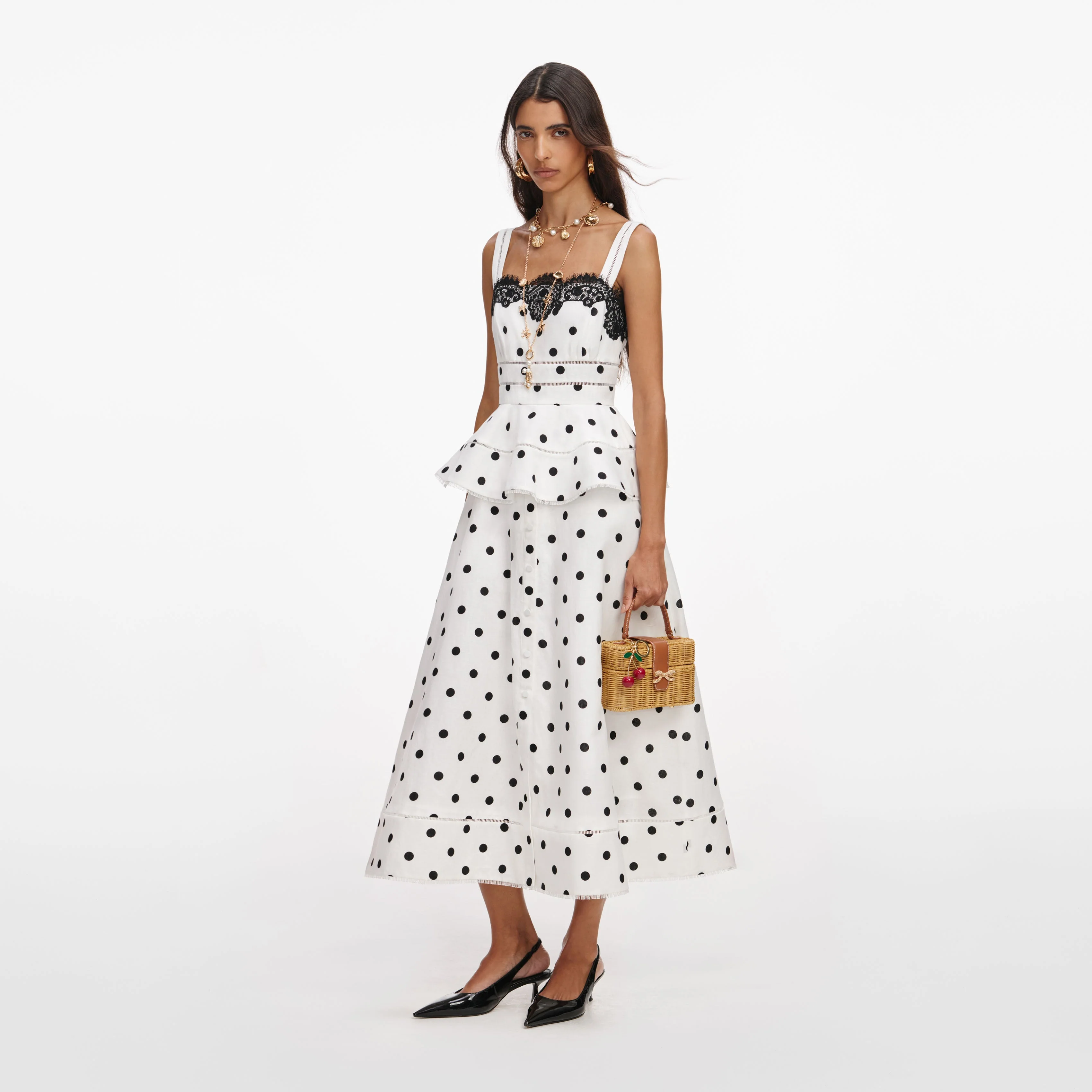 White Polka Dot Linen Midi Dress - Image 2
