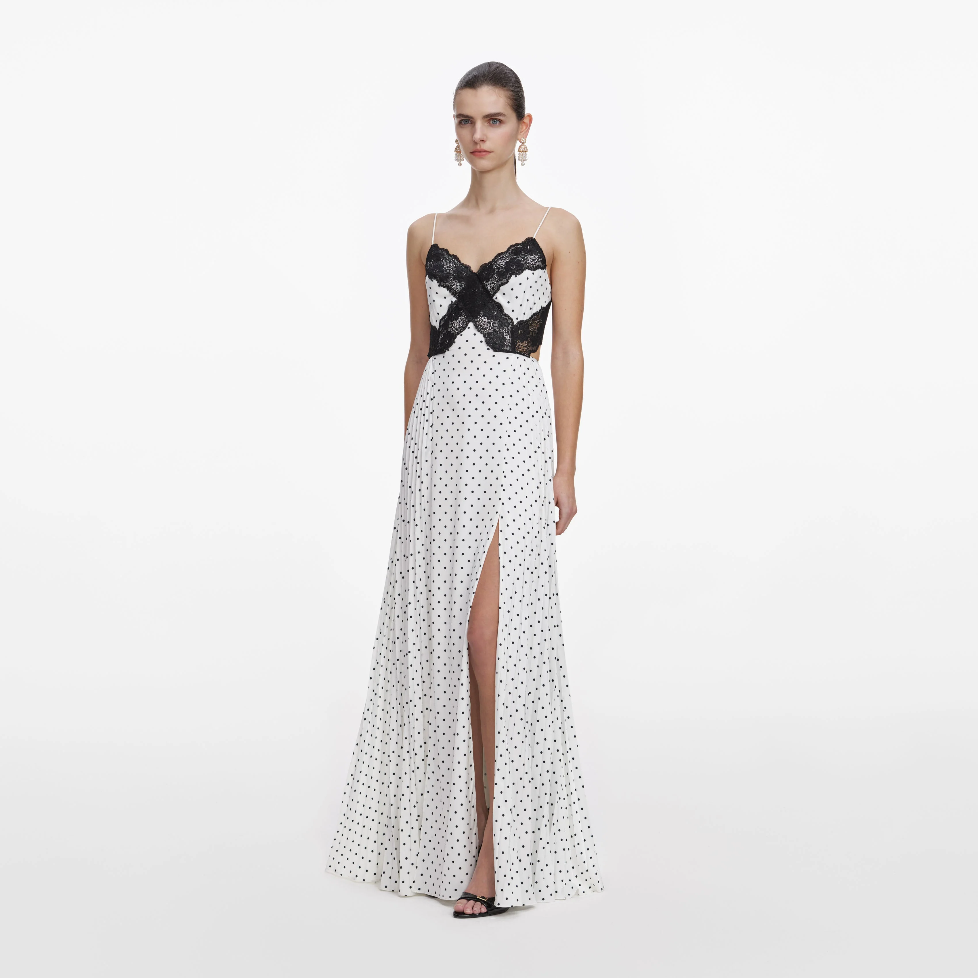 White Polka Dot Satin Lace Maxi Dress - Image 2