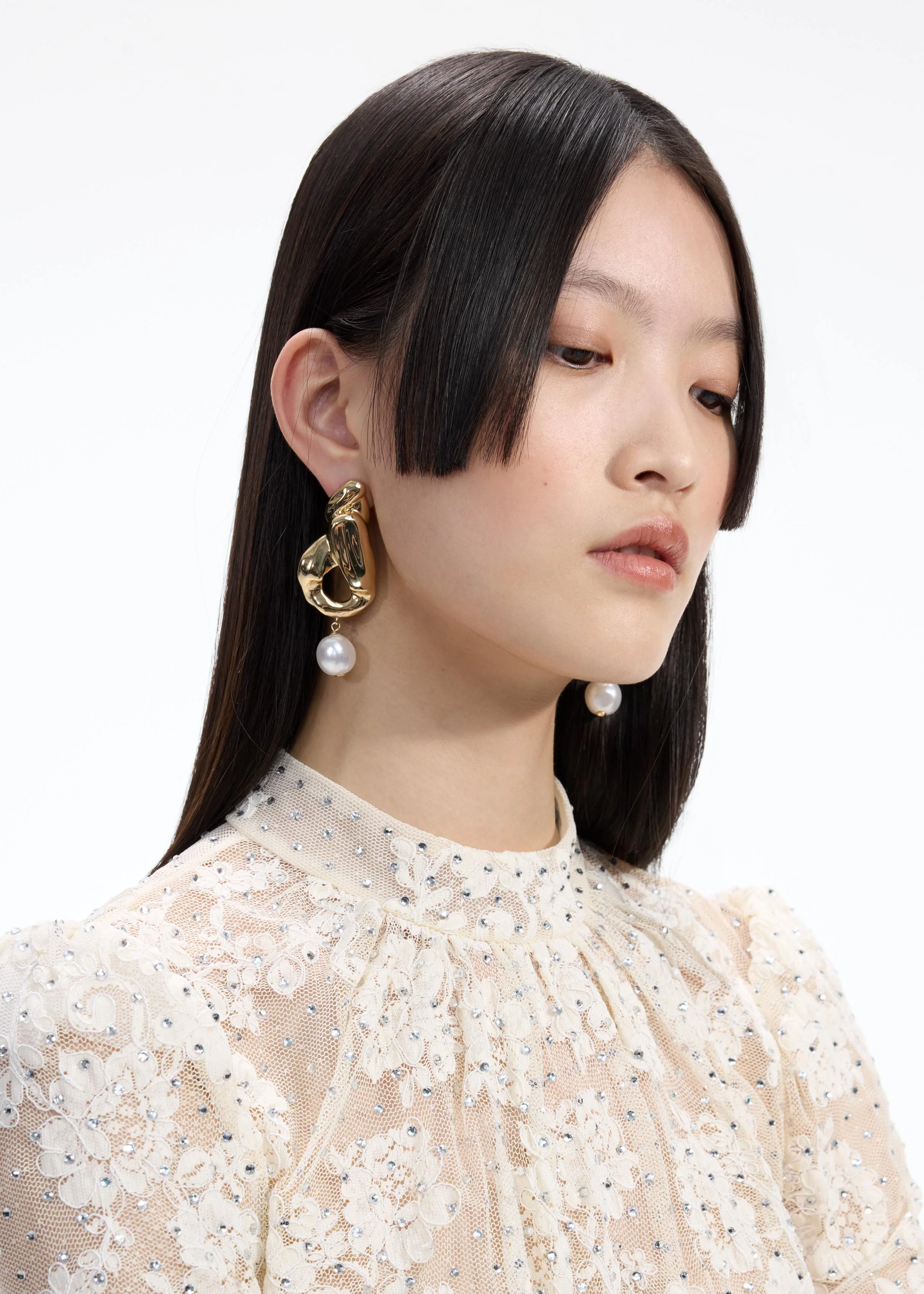 Gold Faux Pearl Drop Earrings - Image 2