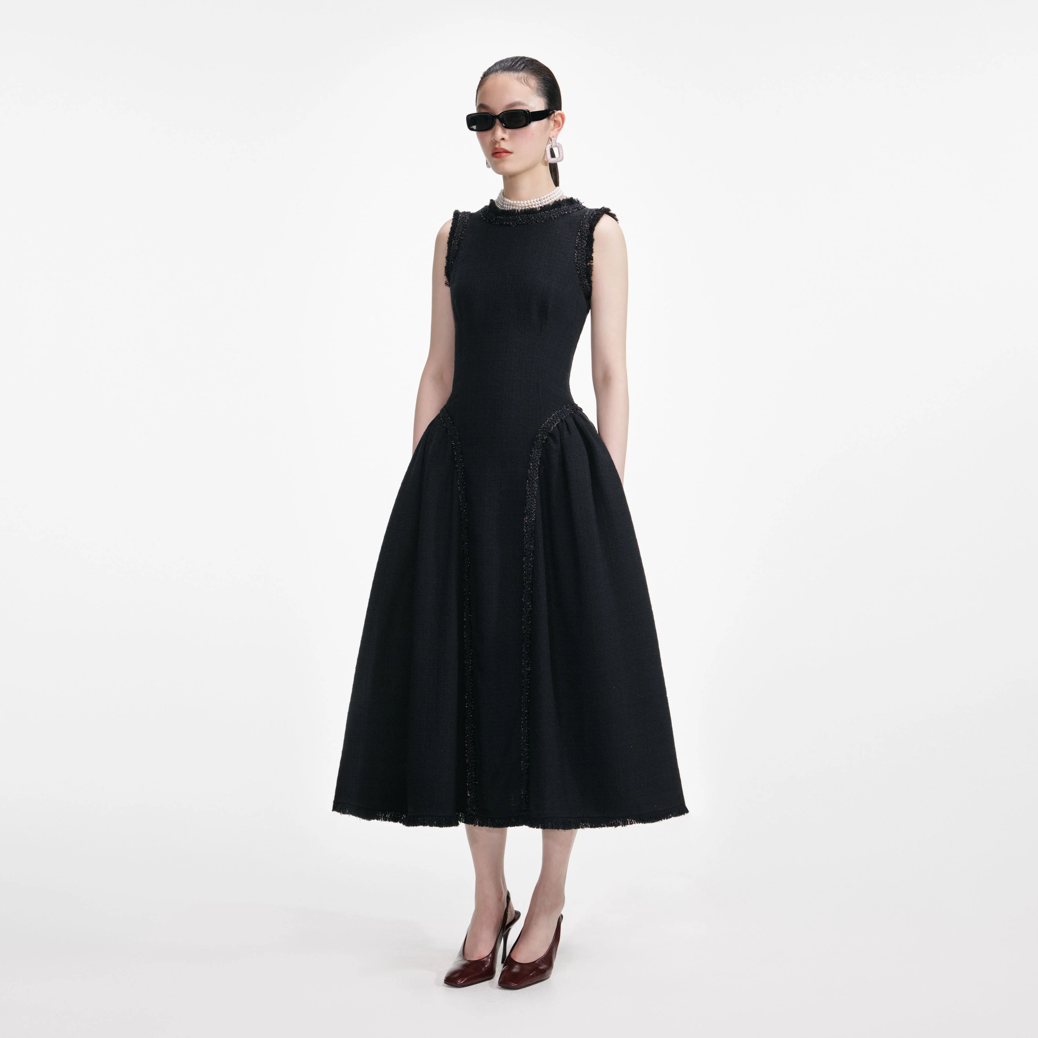 Black Boucle Sleeveless Midi Dress - Image 2