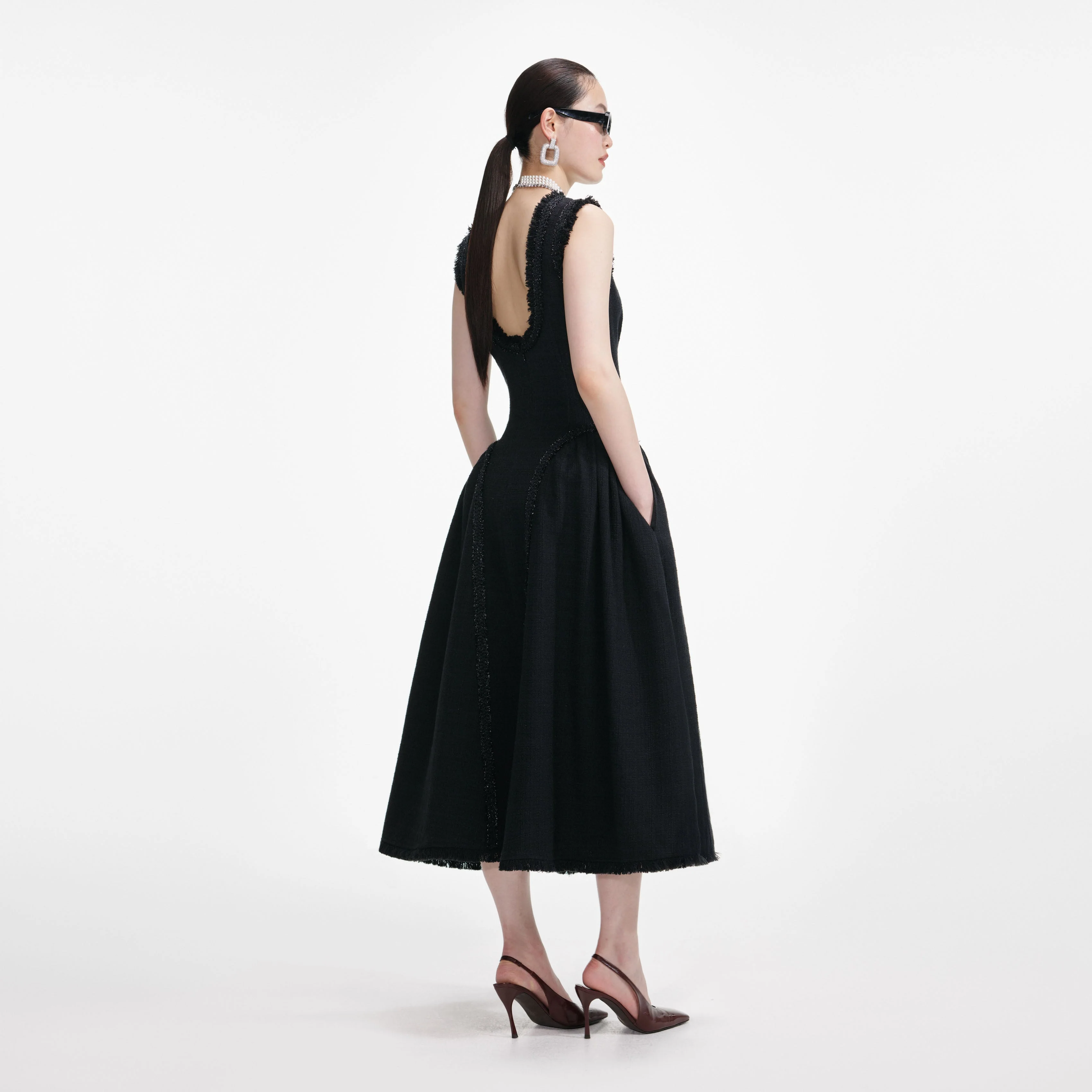 Black Boucle Sleeveless Midi Dress - Image 3