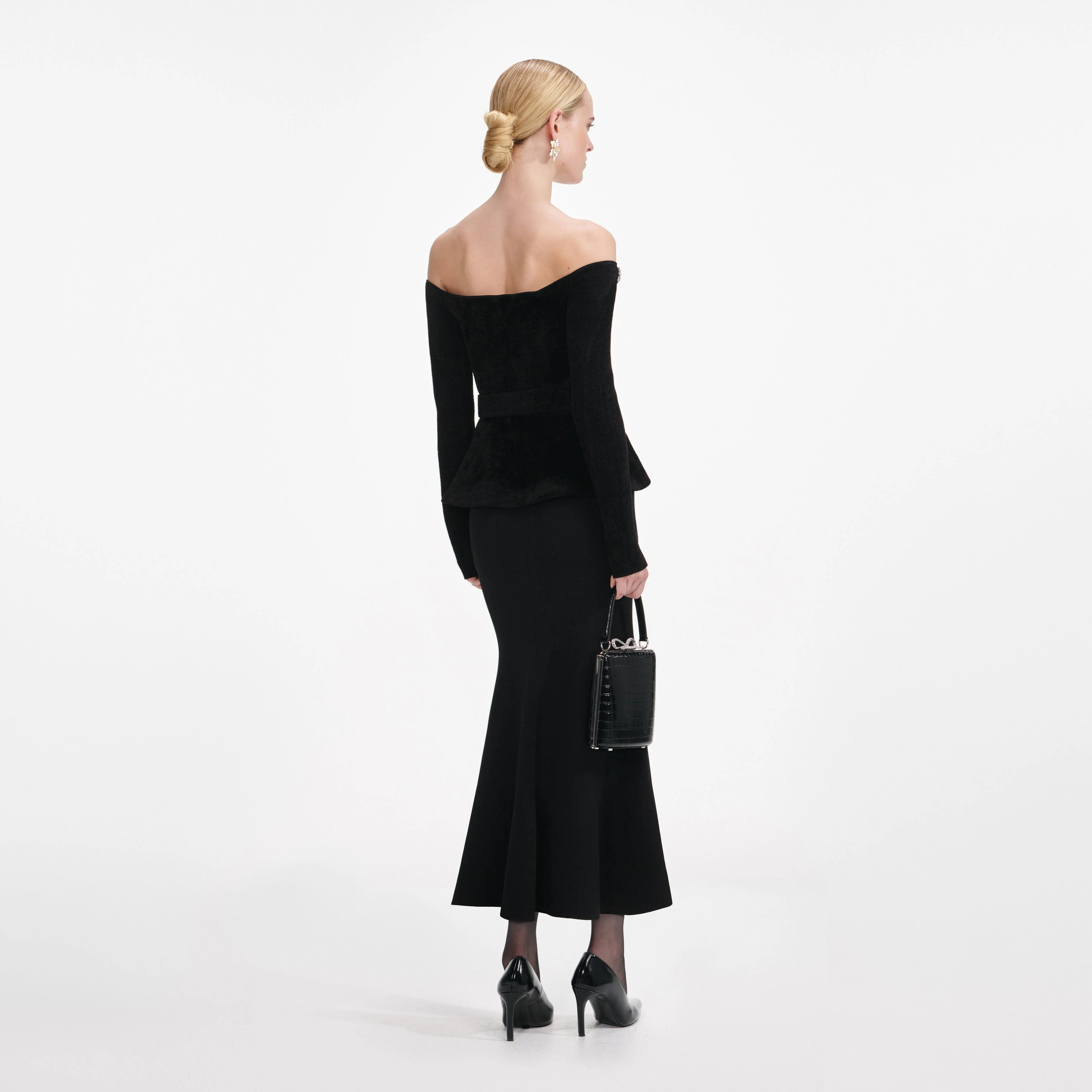 Black Chenille Knit Crystal Trim Midi Dress - Image 3