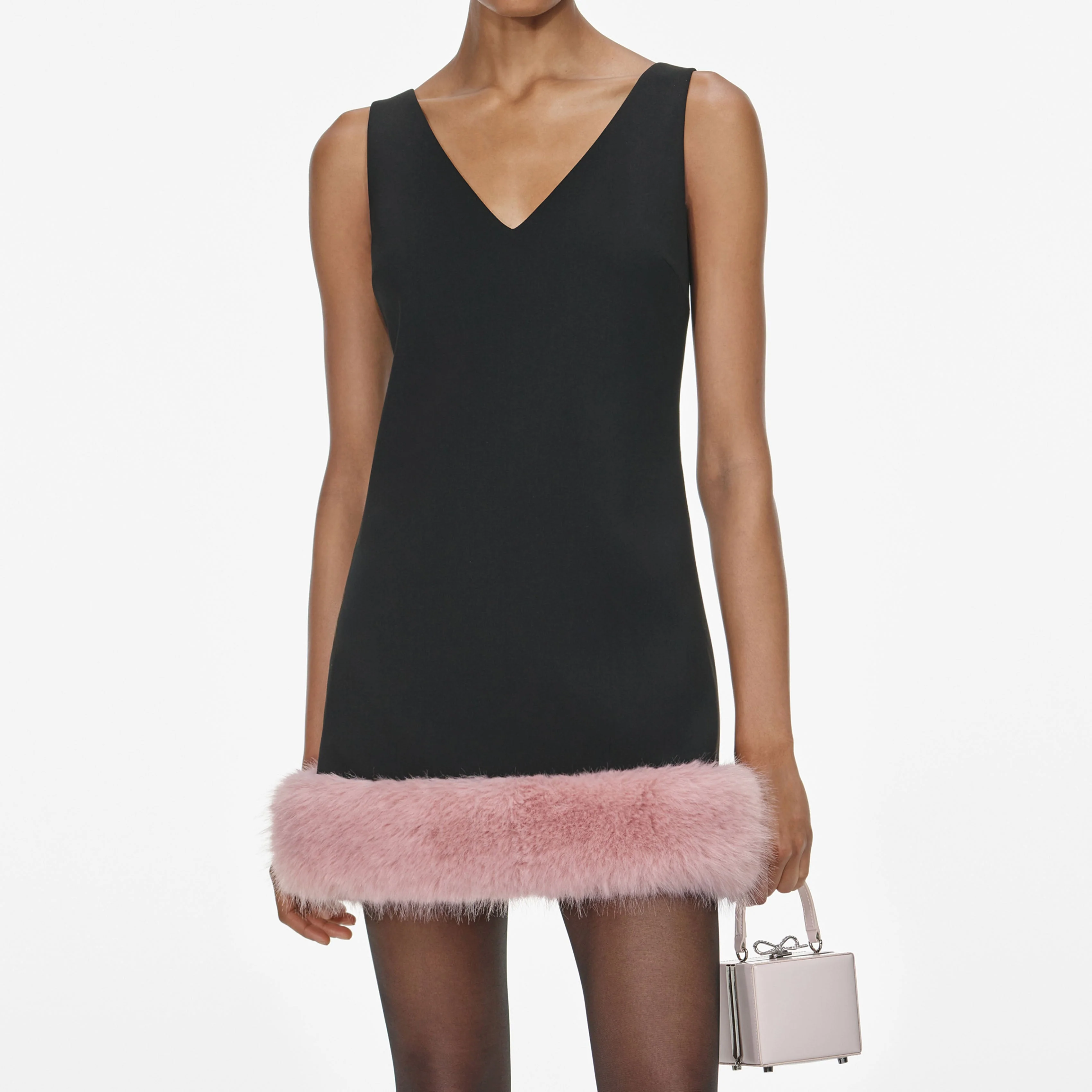 Black Crepe Fur Hem Mini Dress - Image 4