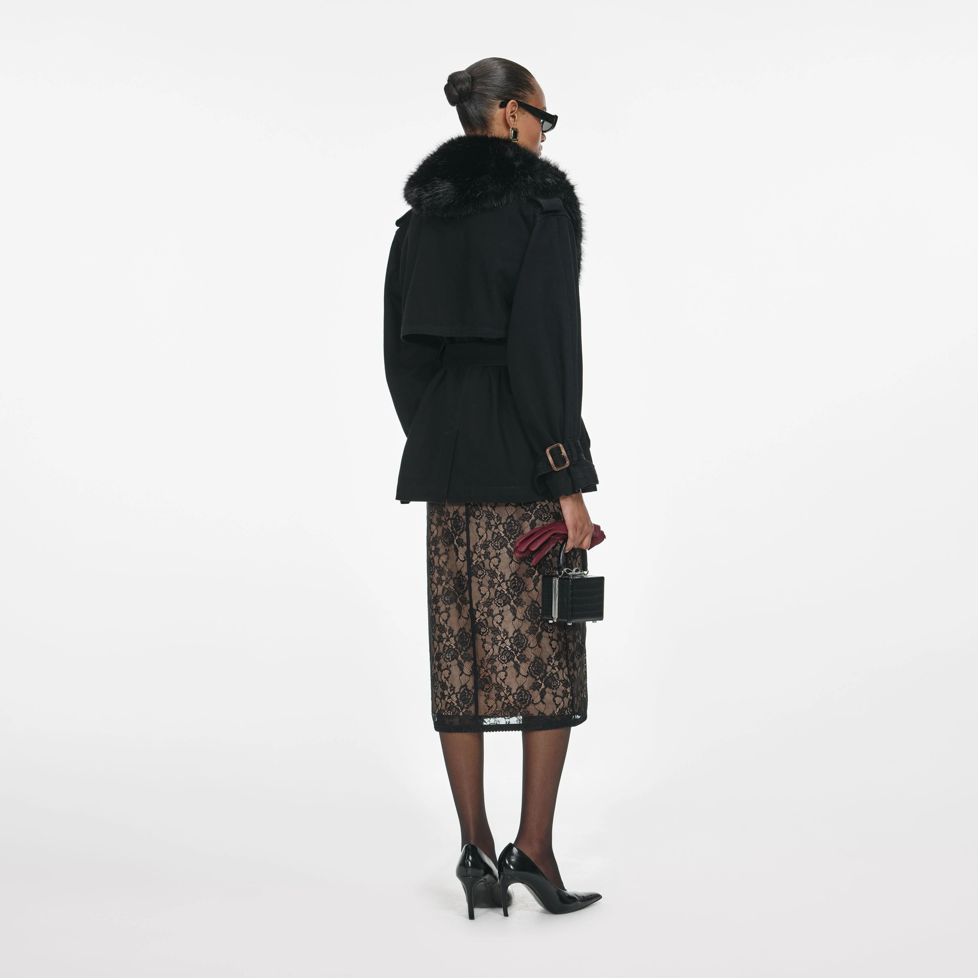 Black Denim Fur Collar Jacket - Image 3