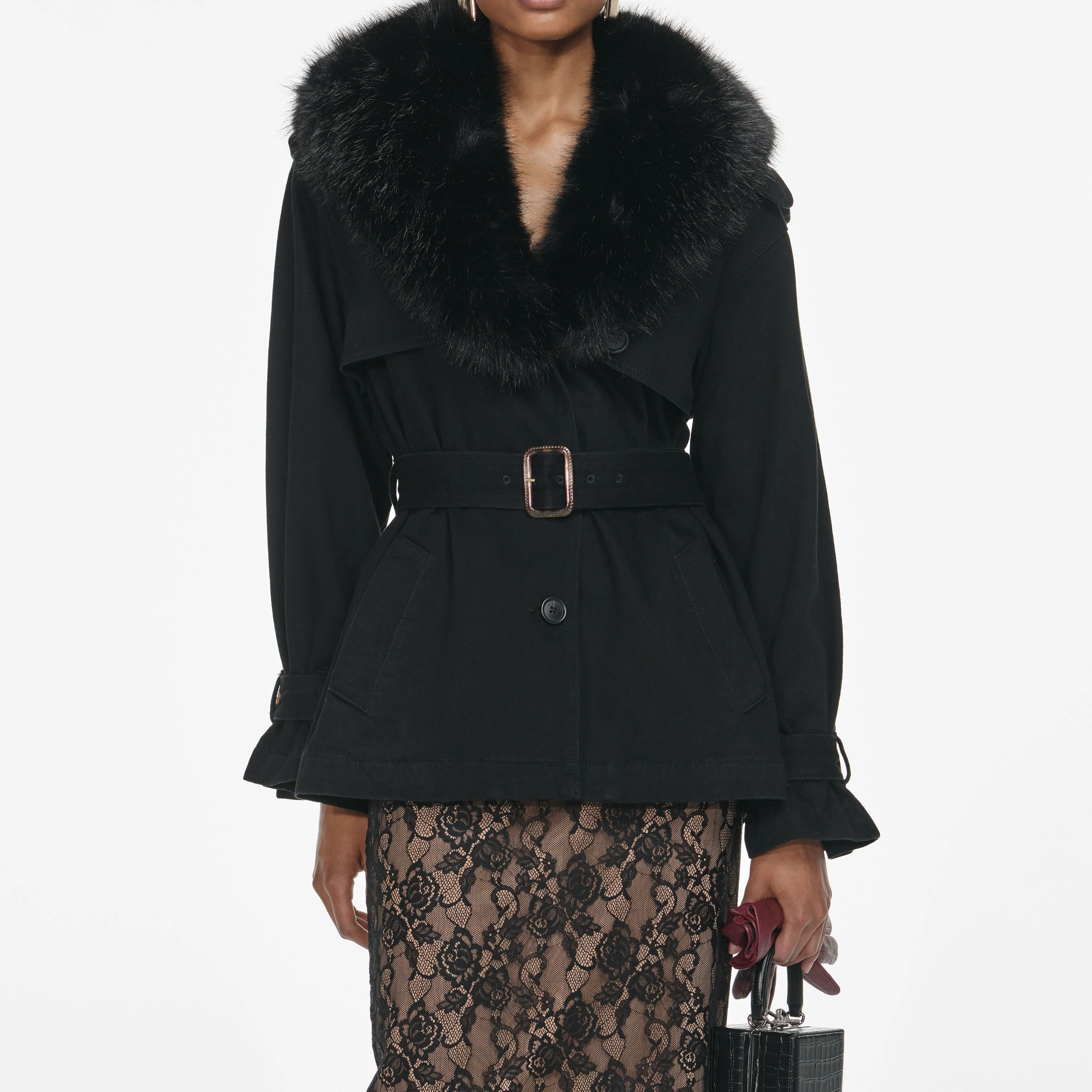 Black Denim Fur Collar Jacket - Image 4