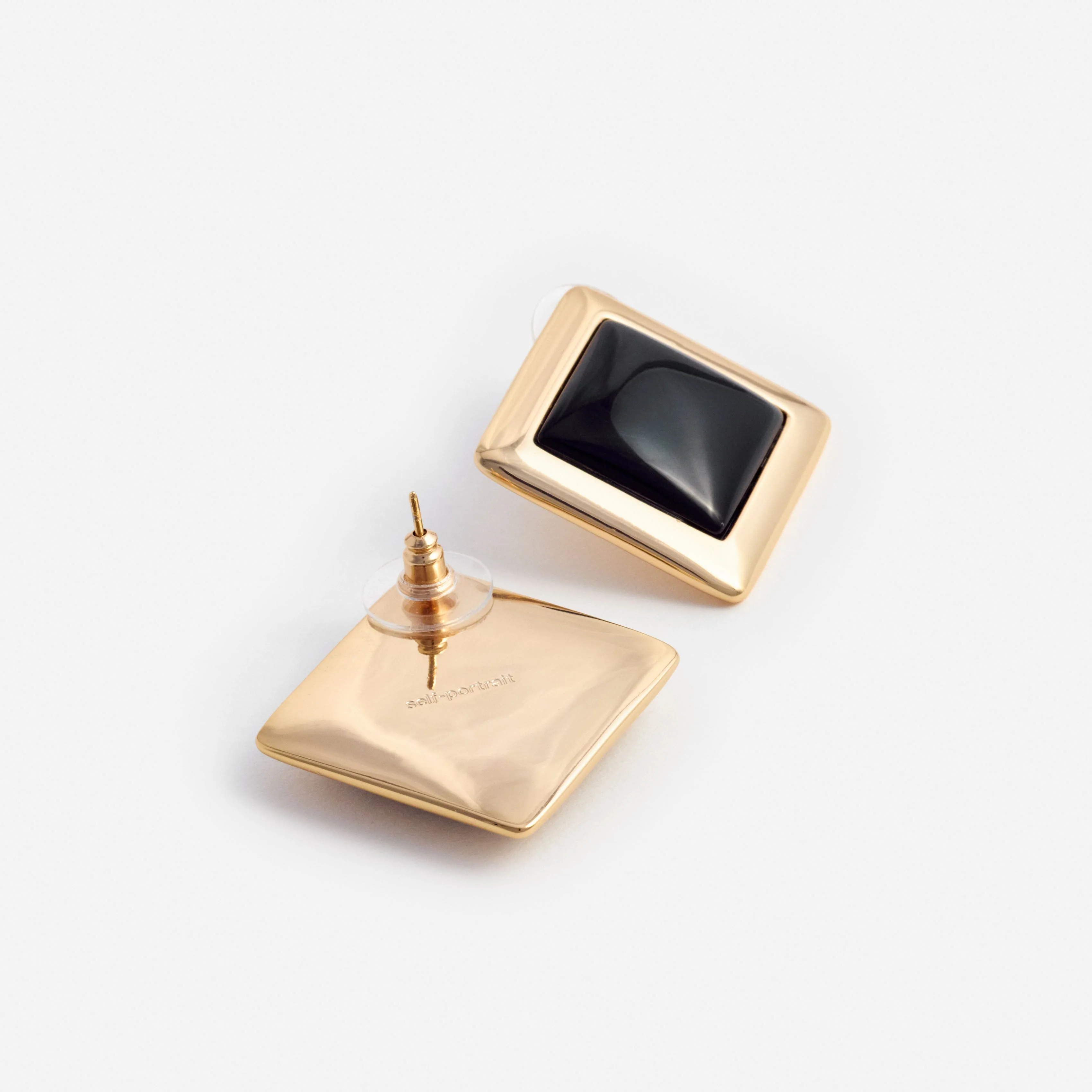 Black Enamel Gold Square Earrings - Image 3