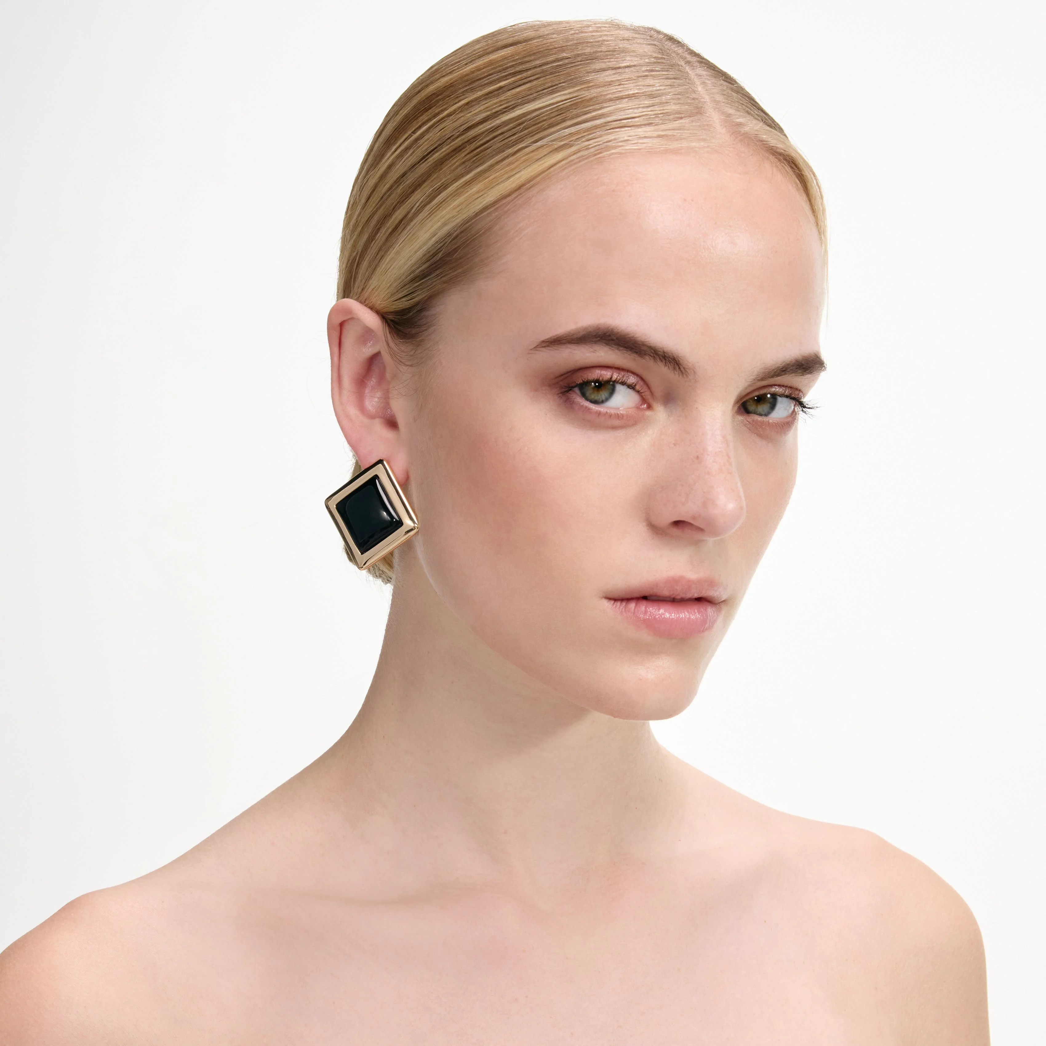 Black Enamel Gold Square Earrings - Image 4
