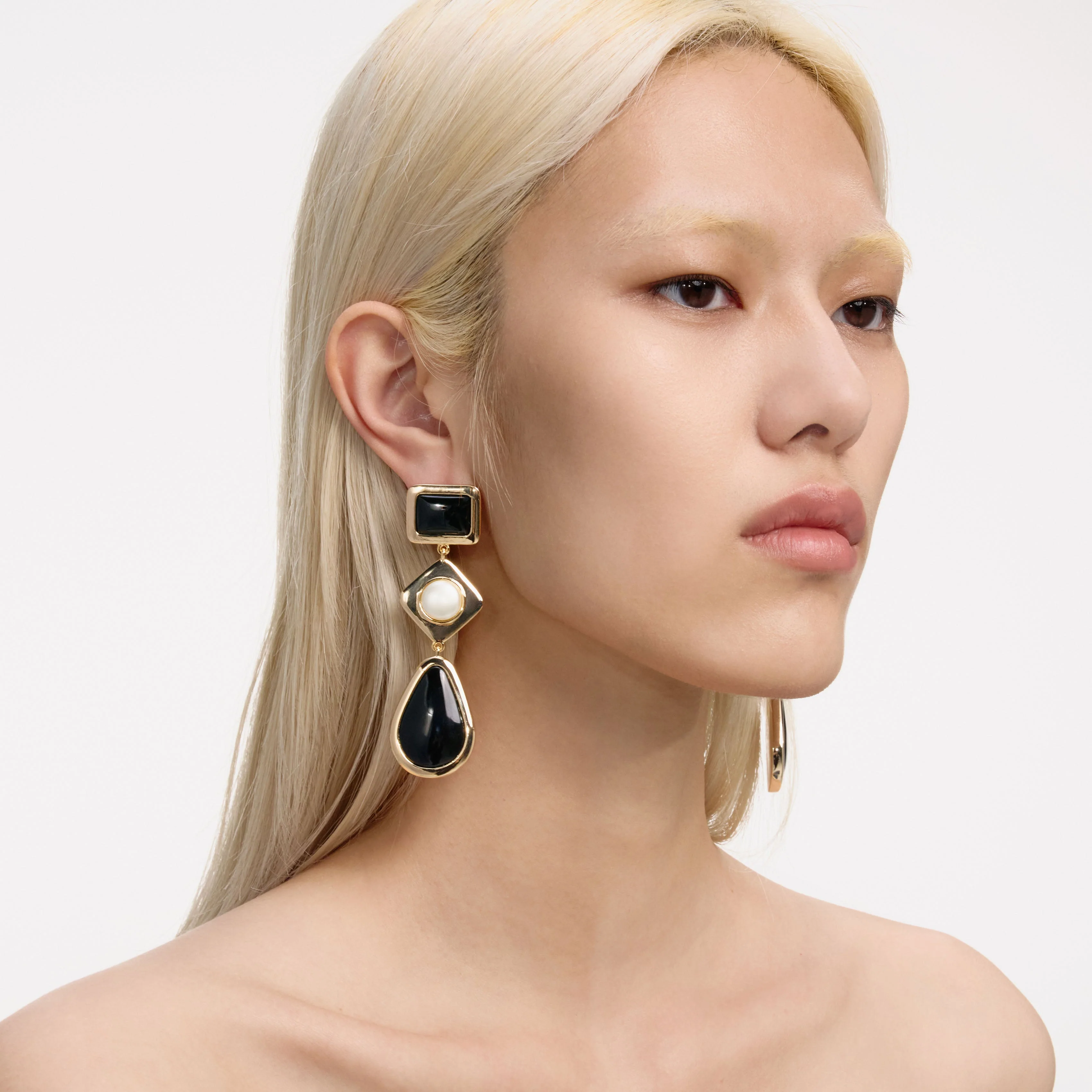 Black Enamel Gold Three Tiered Earrings - Image 2