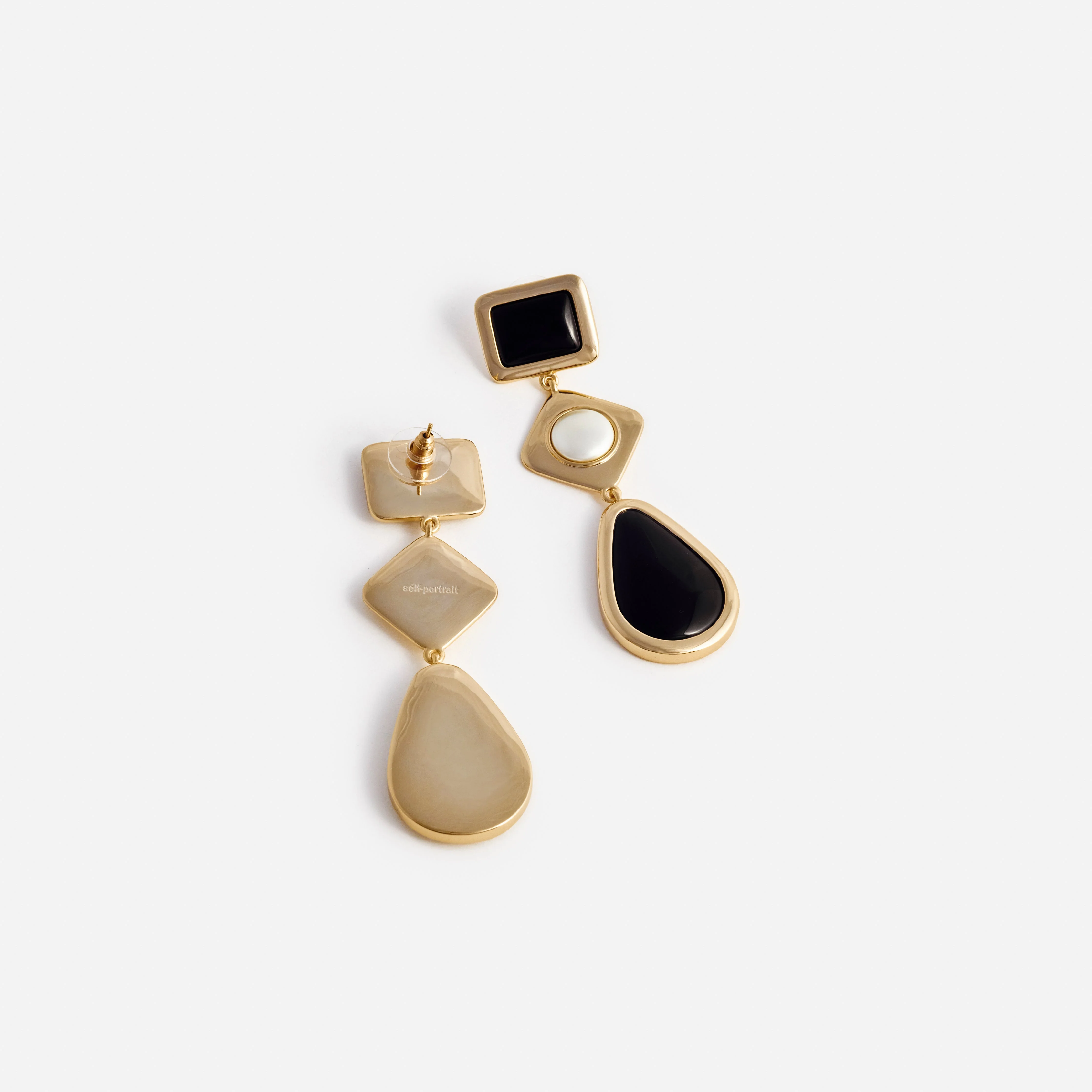 Black Enamel Gold Three Tiered Earrings - Image 3