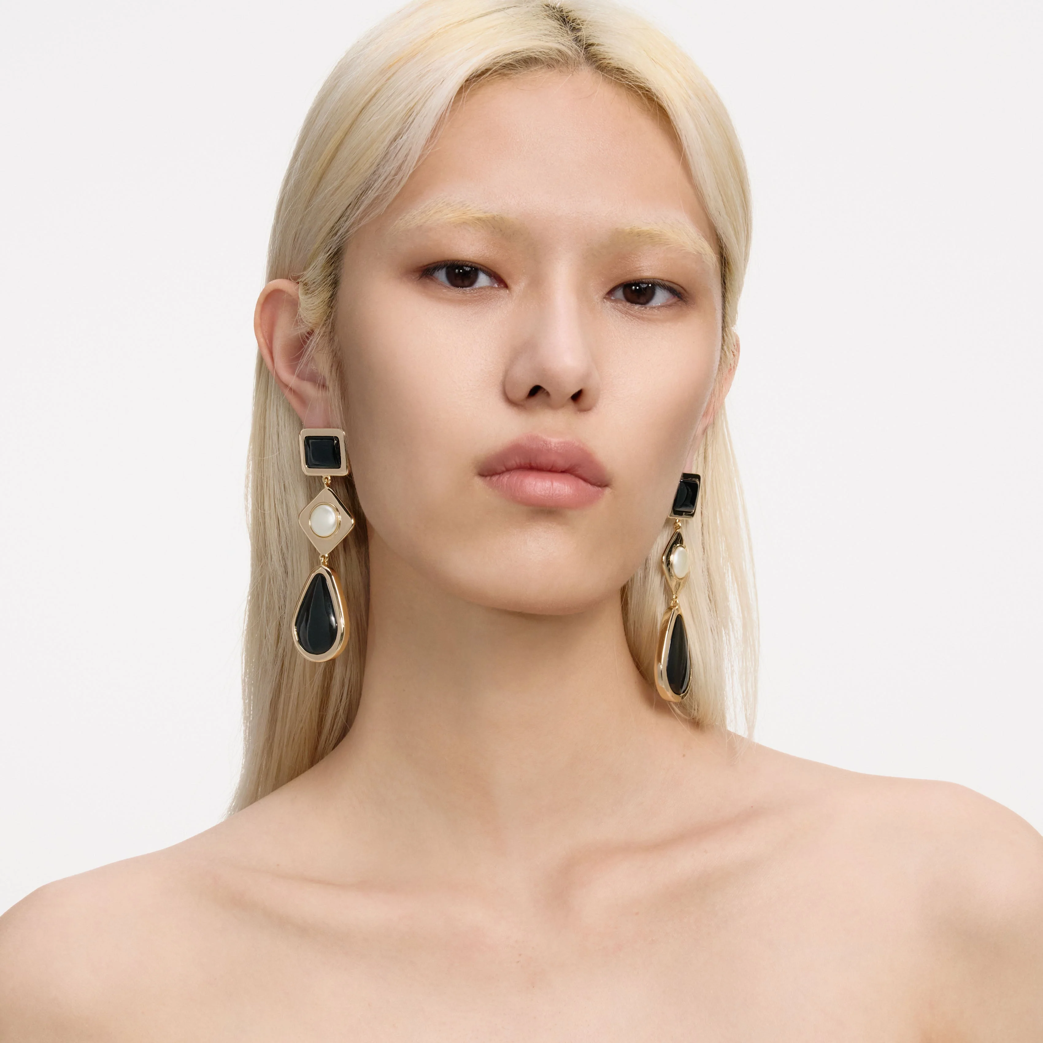 Black Enamel Gold Three Tiered Earrings - Image 4
