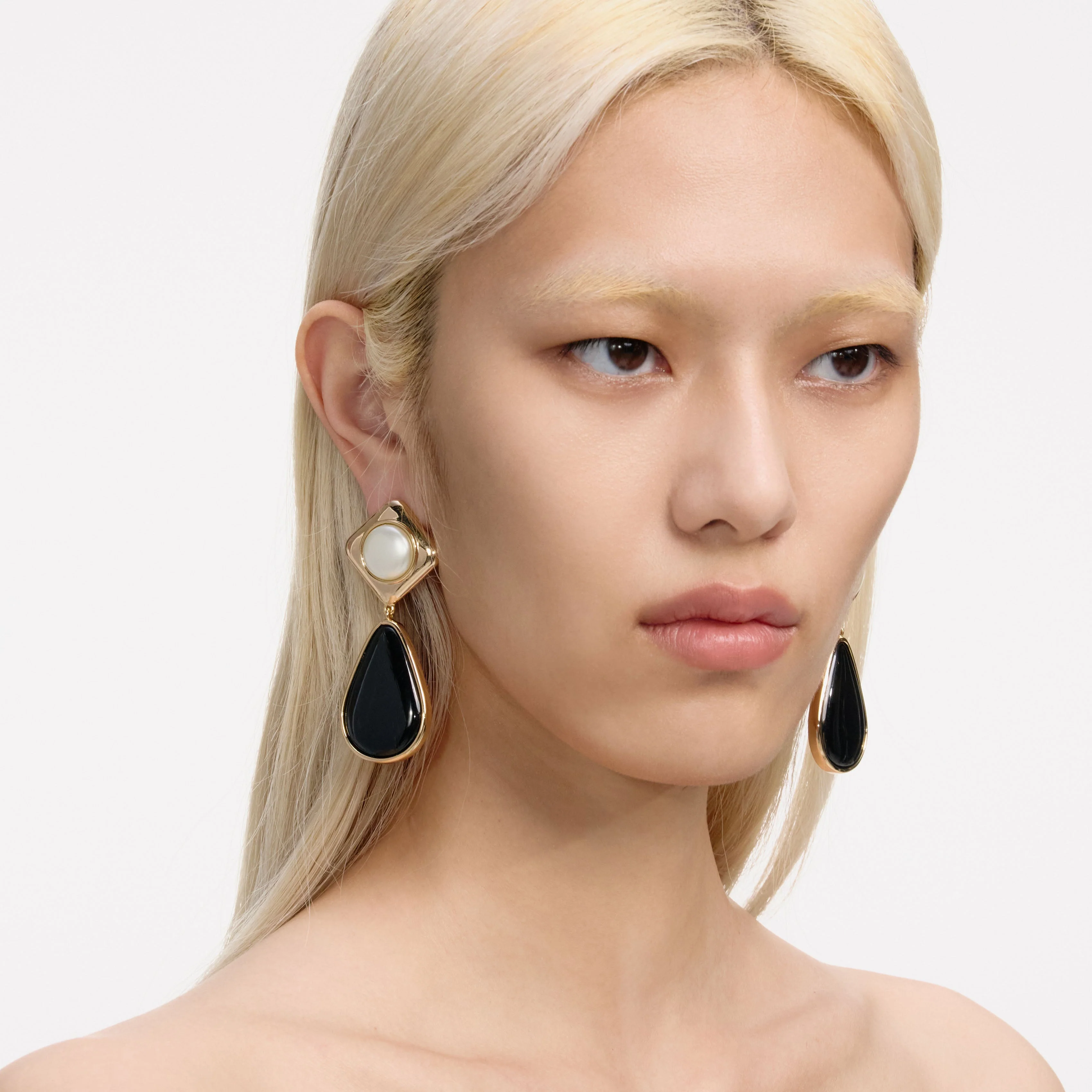 Black Enamel Gold Two Tiered Earrings - Image 2