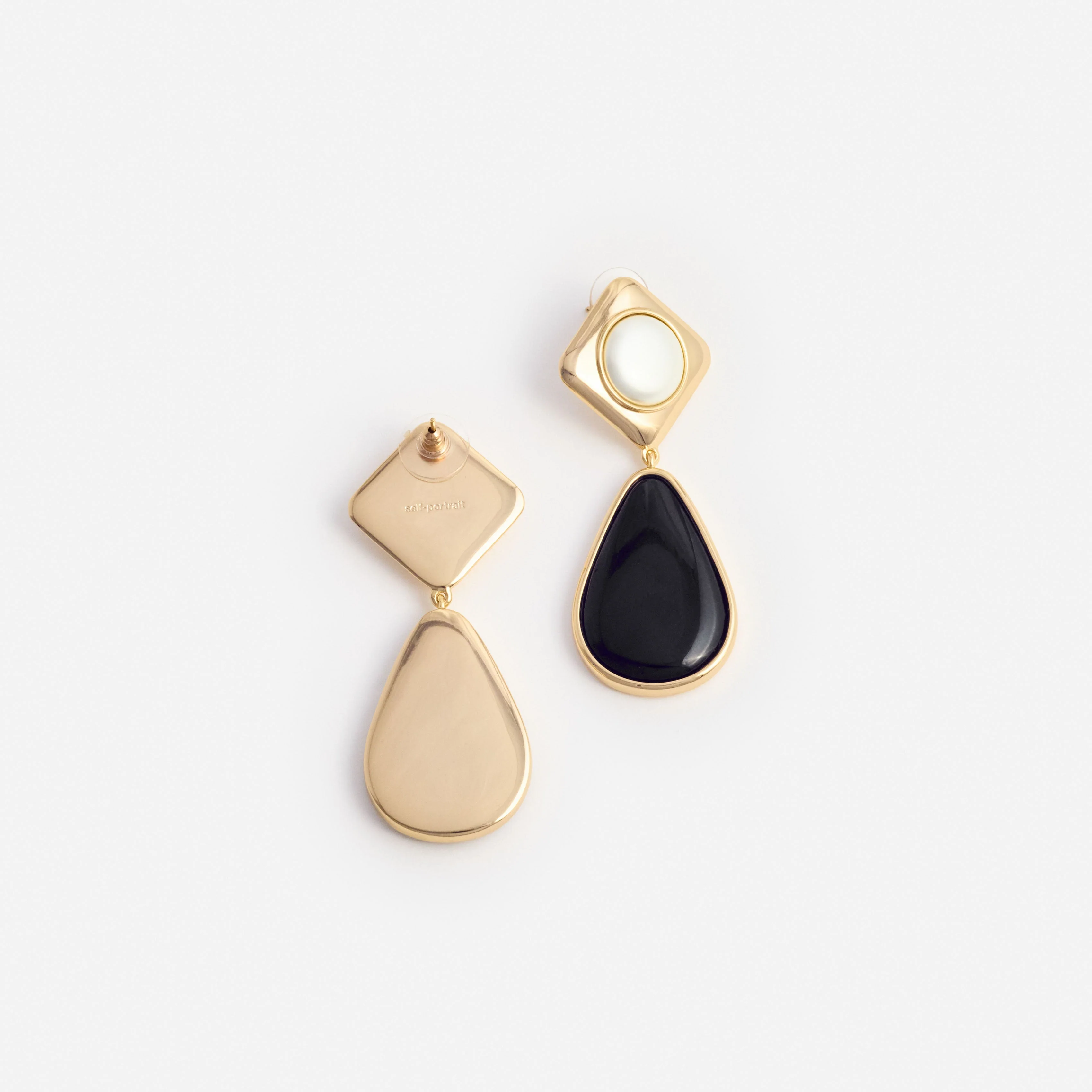Black Enamel Gold Two Tiered Earrings - Image 3