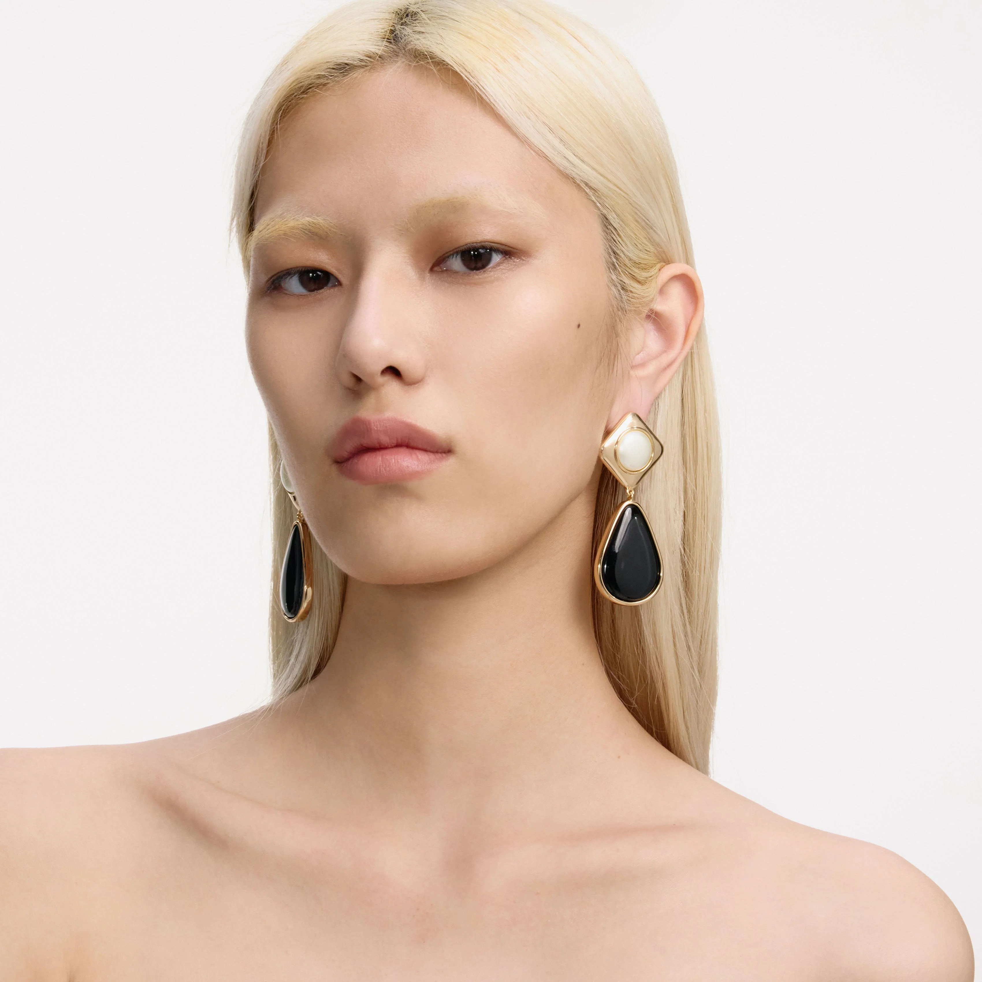 Black Enamel Gold Two Tiered Earrings - Image 4