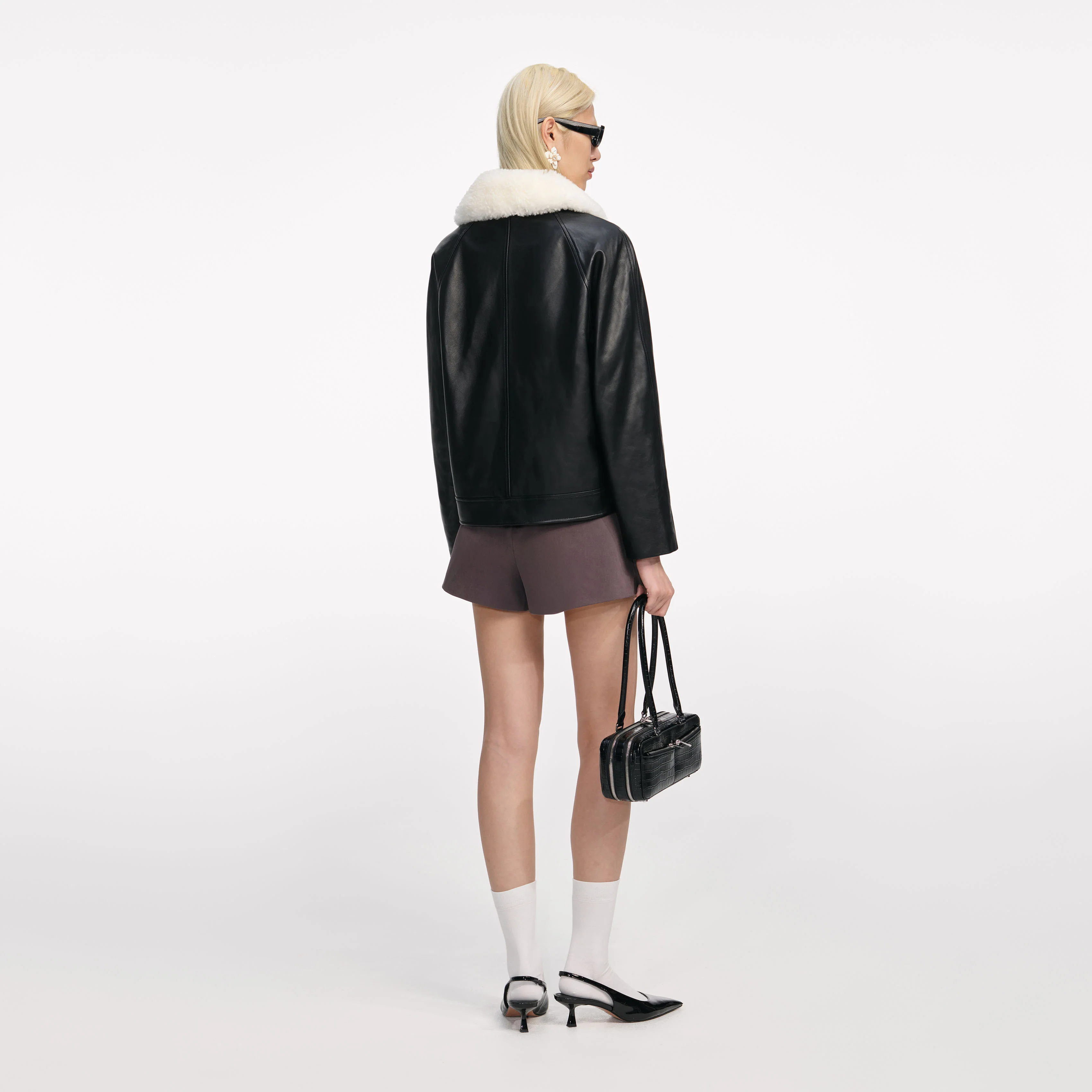 Black Leather Fur Collar Jacket - Image 3