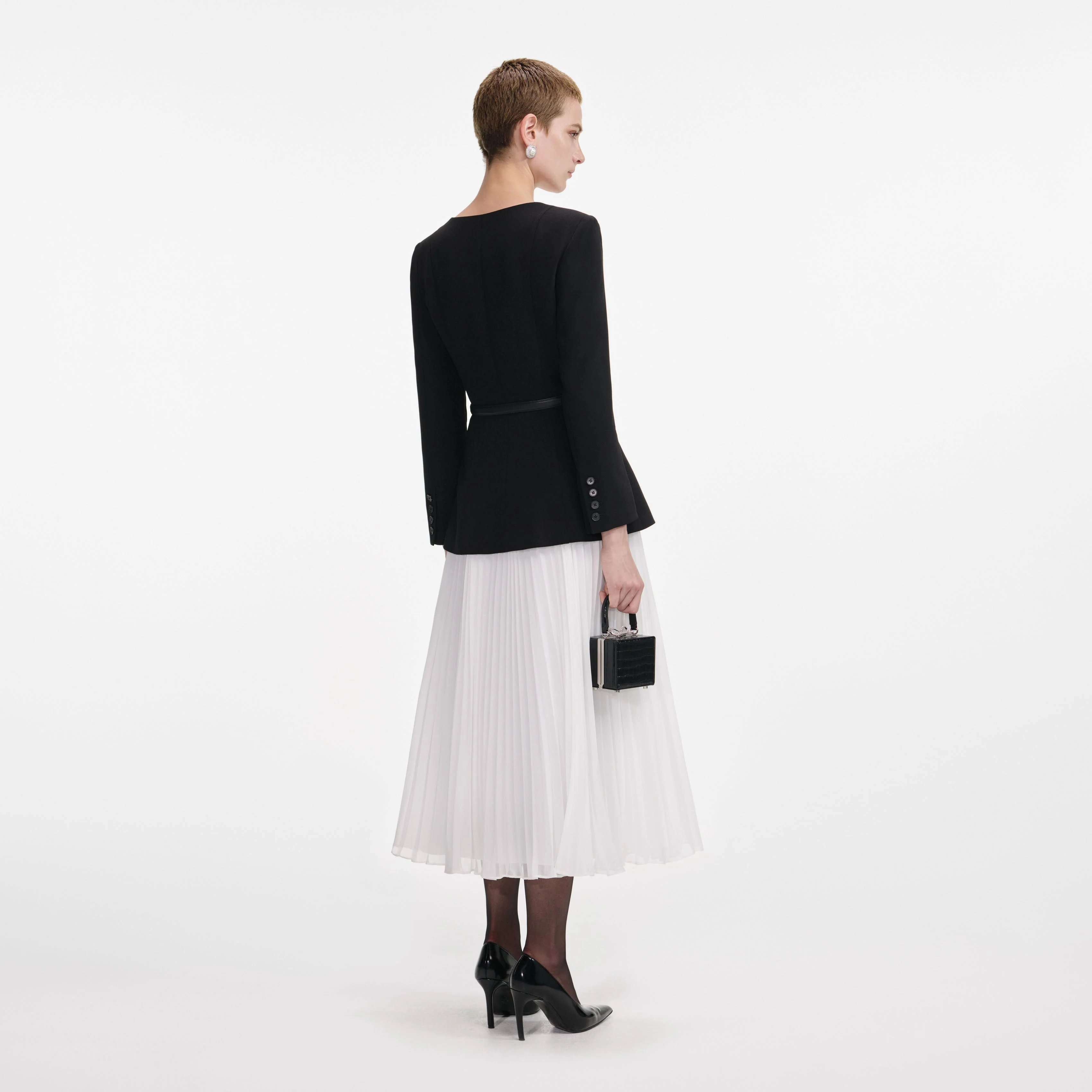 Black Long Sleeve Contrast Chiffon Midi Dress - Image 3