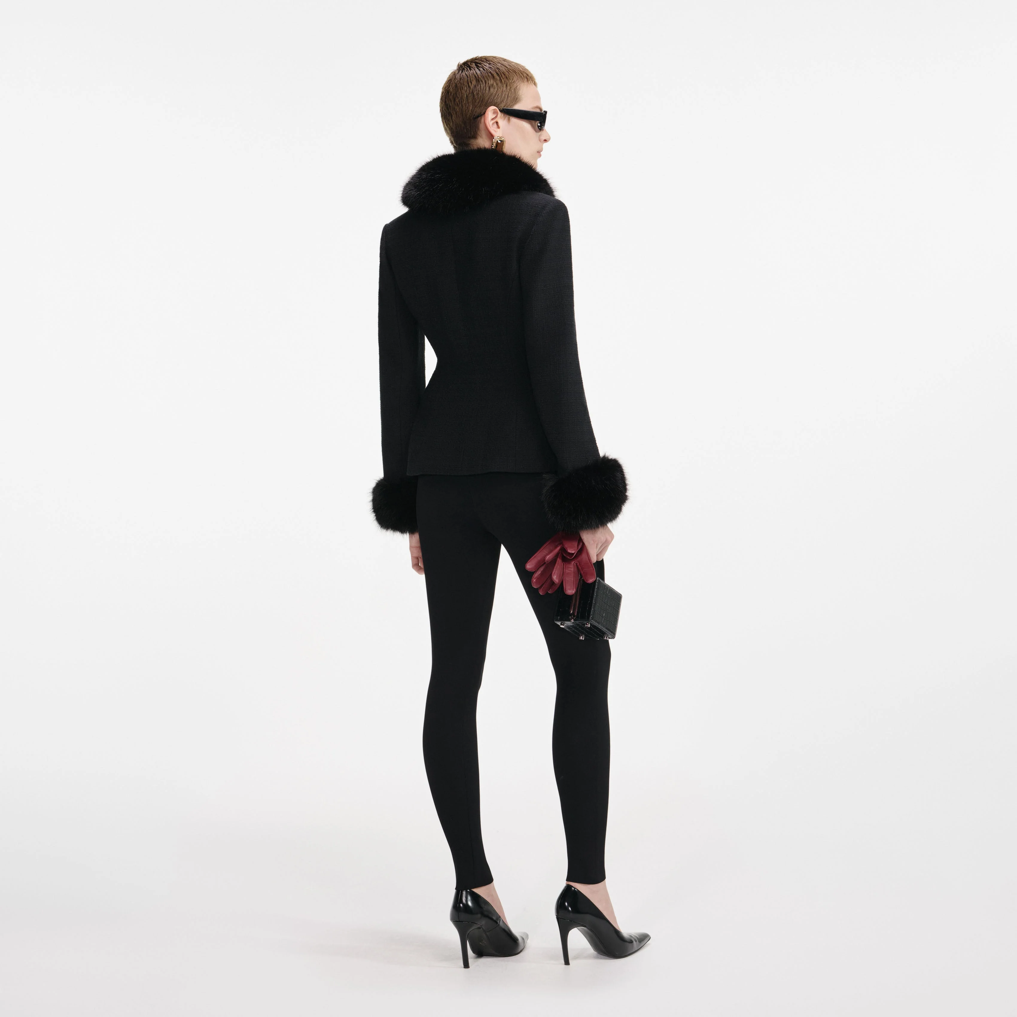 Black Tailored Boucle Fur Jacket - Image 3