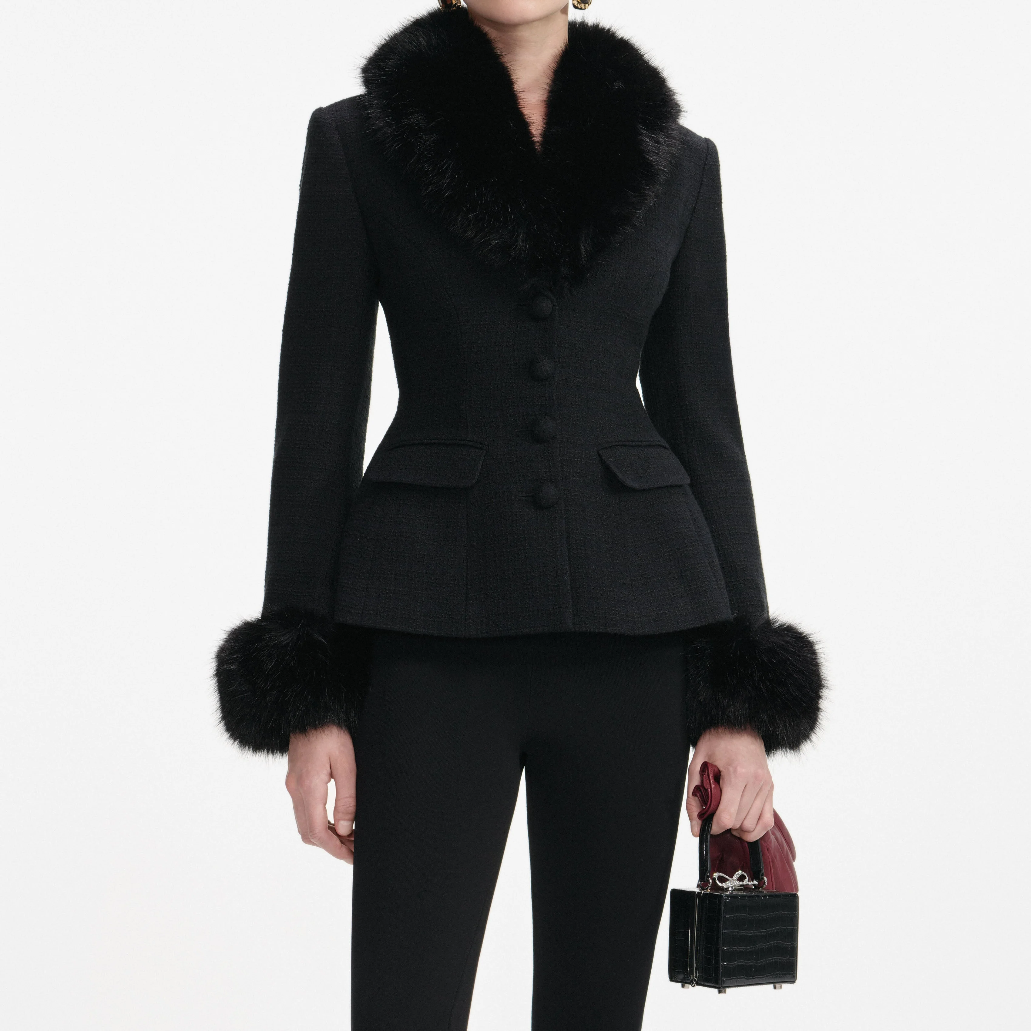Black Tailored Boucle Fur Jacket - Image 4