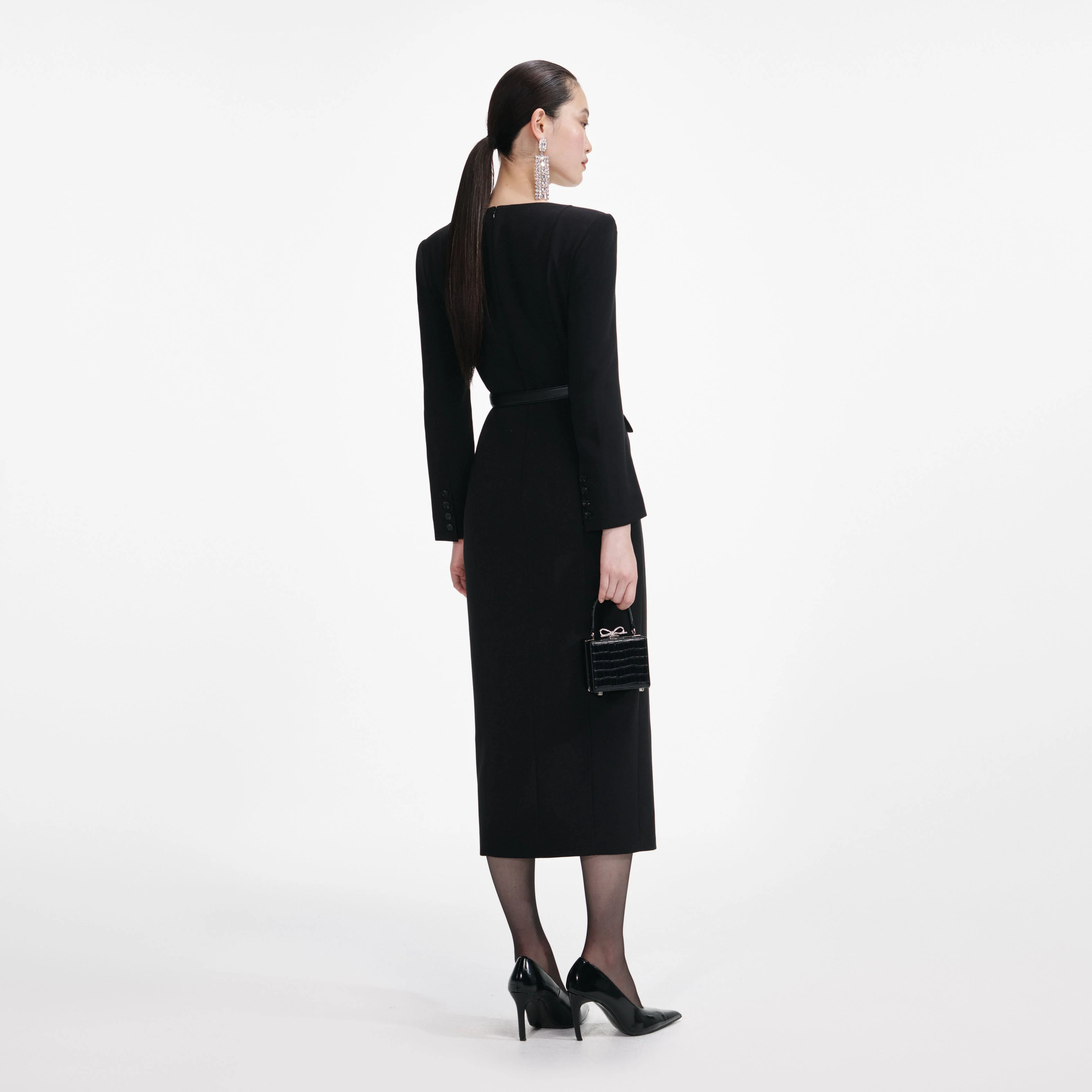 Black Tailored Crepe Midi Dress - Image 3