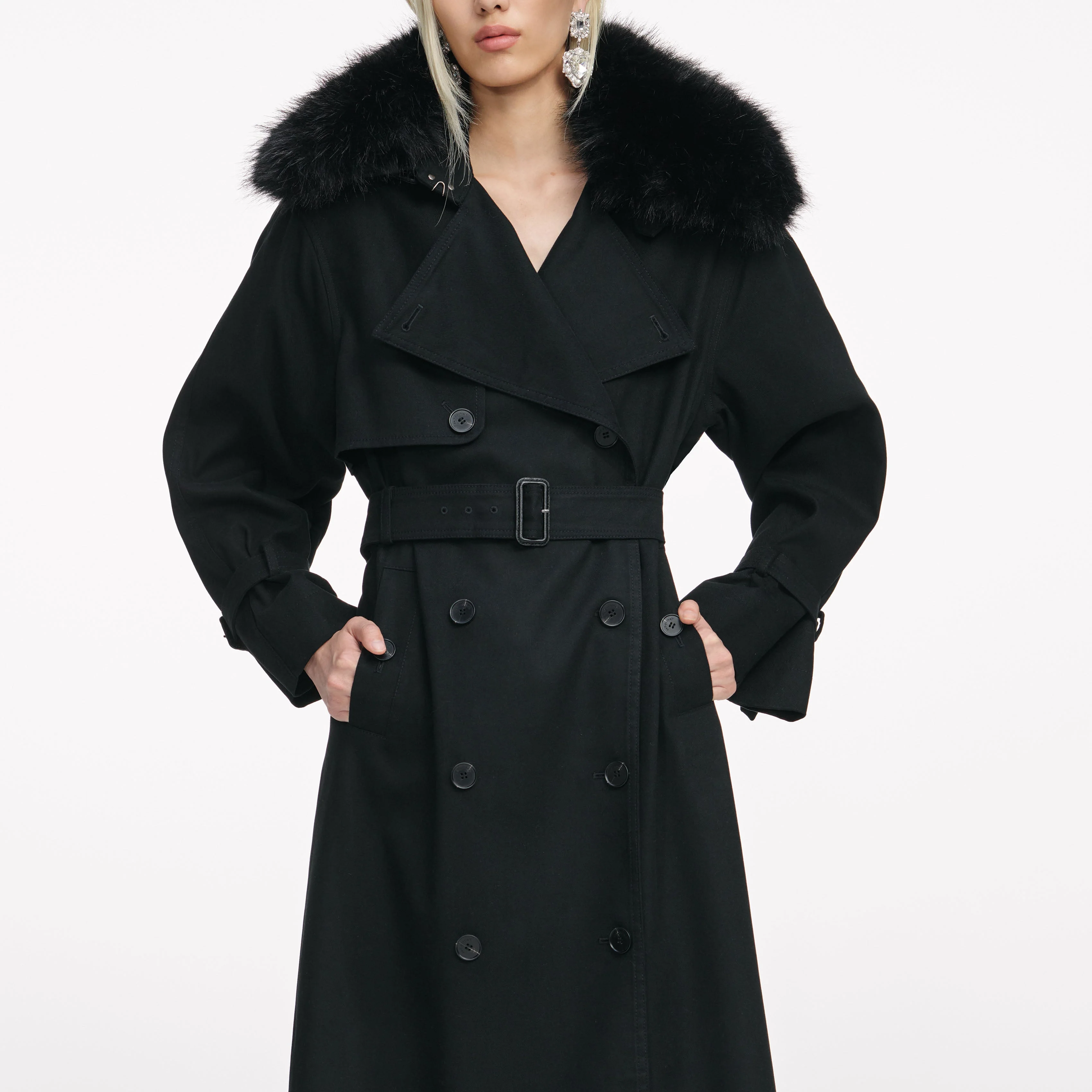 Black Twill Fur Collar Trench Coat - Image 4