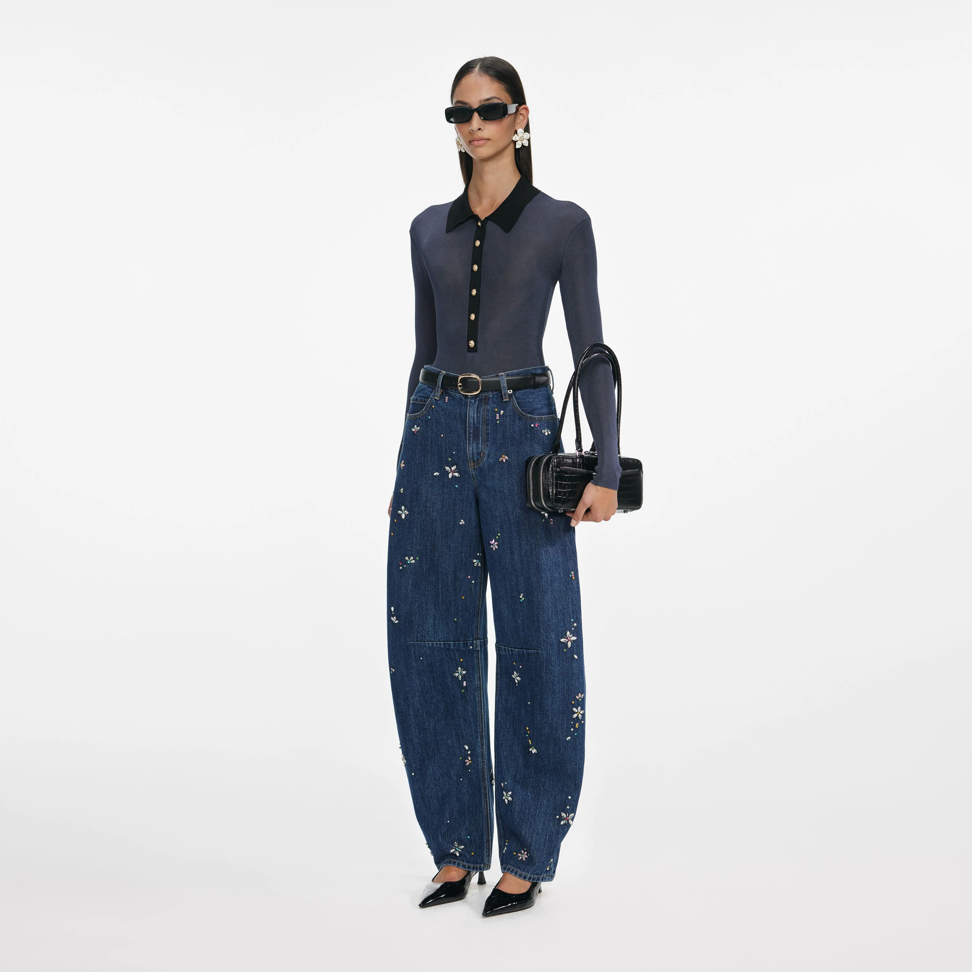 Blue Embellished Barrel Leg Jeans - Image 2