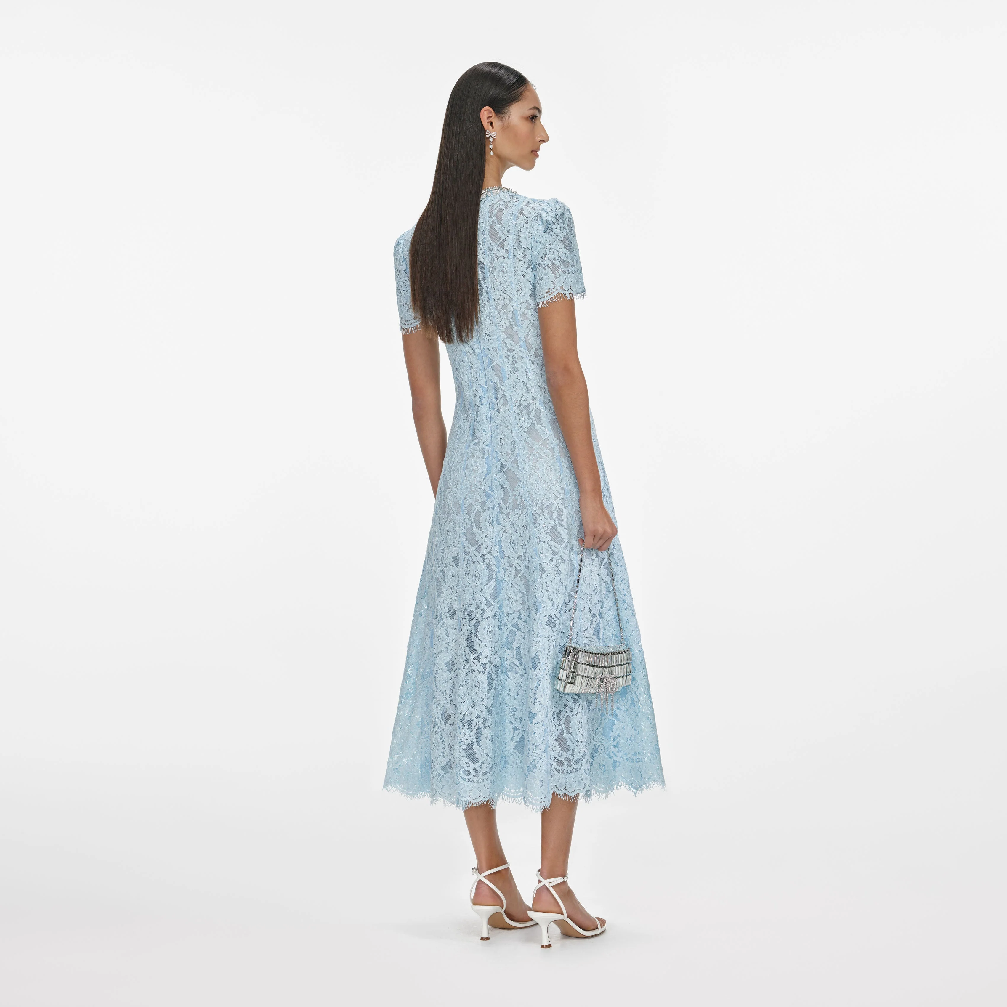Blue Lace Embellished Midi Dress - Image 3