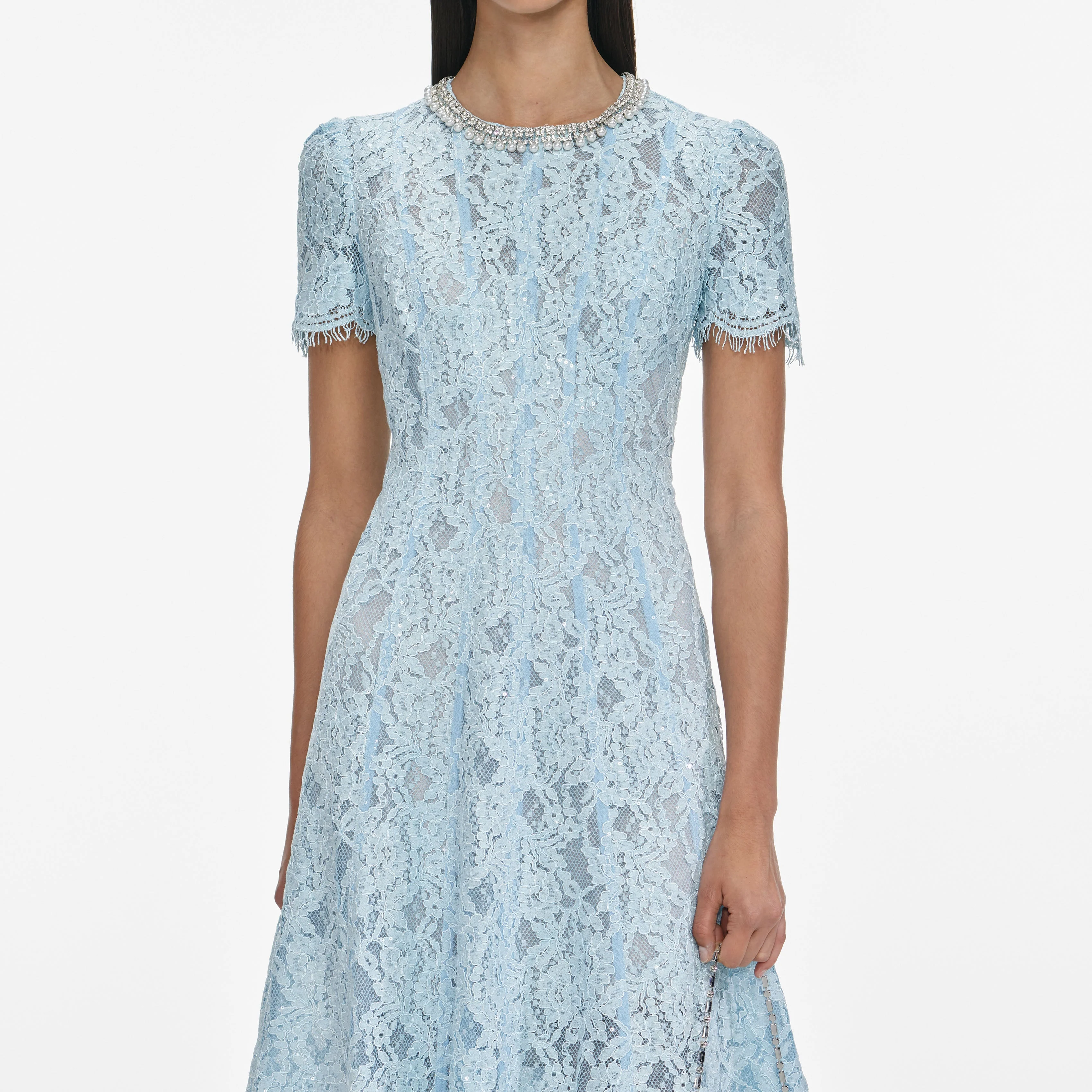 Blue Lace Embellished Midi Dress - Image 4