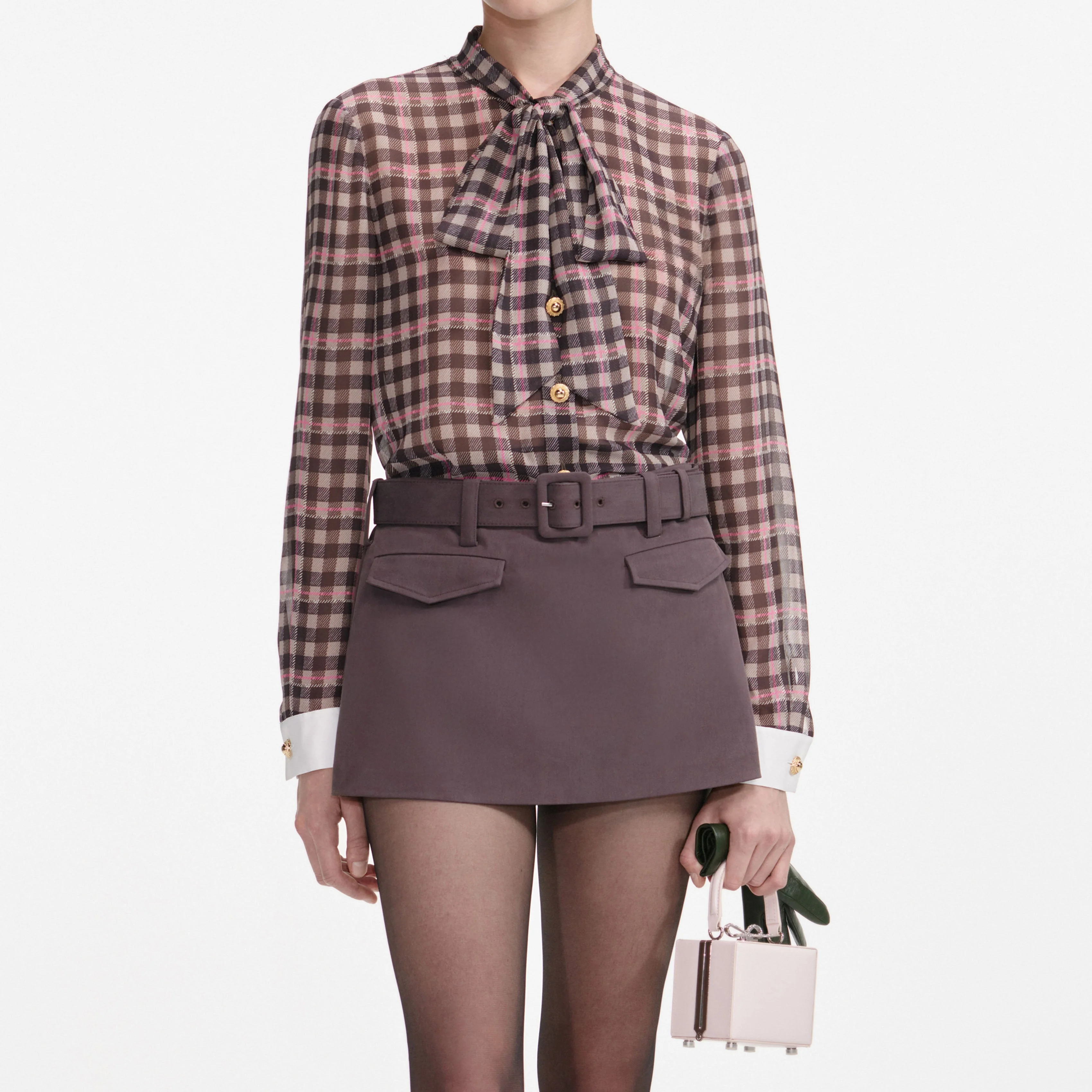 Brown Check Chiffon Blouse - Image 4