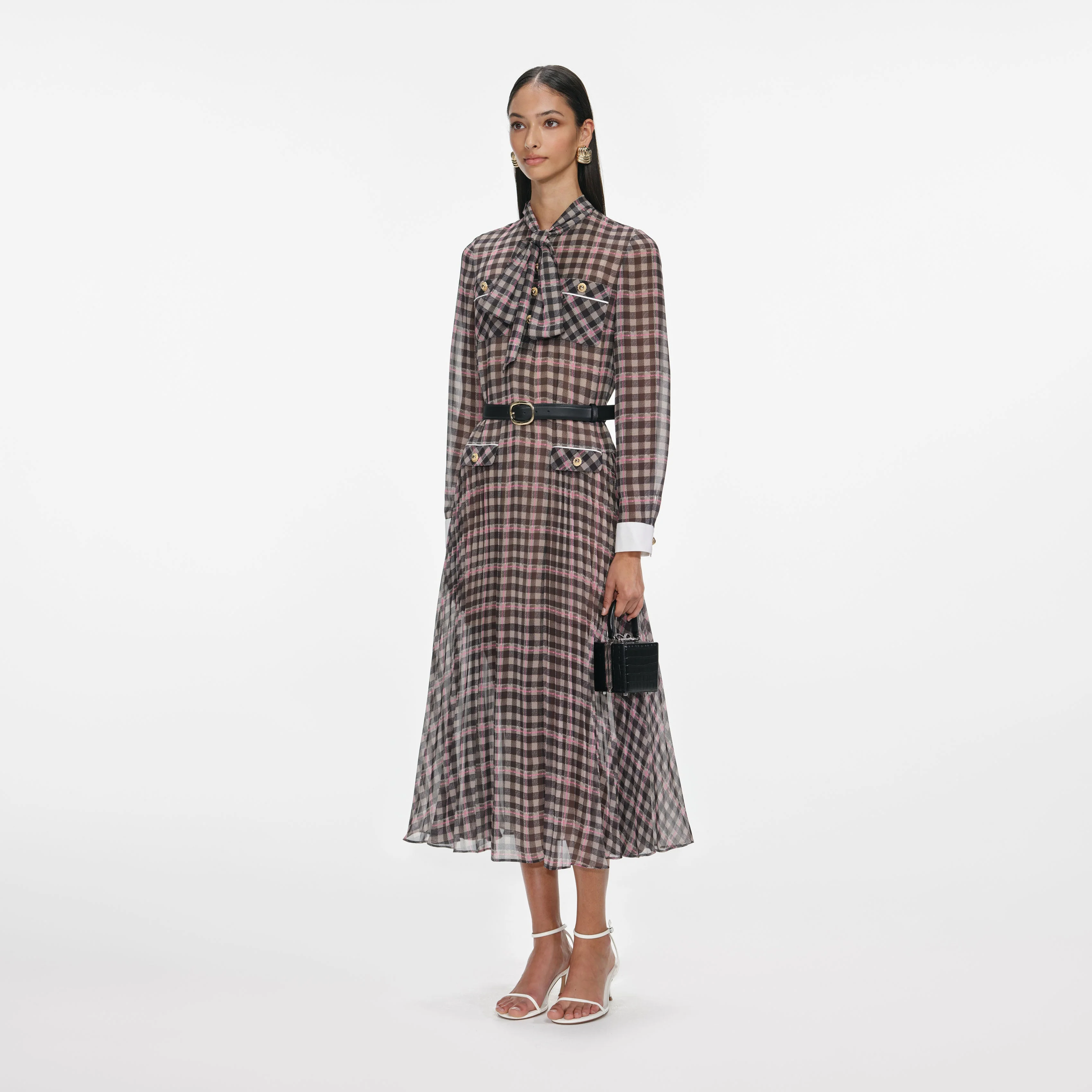 Brown Check Chiffon Midi Dress - Image 2