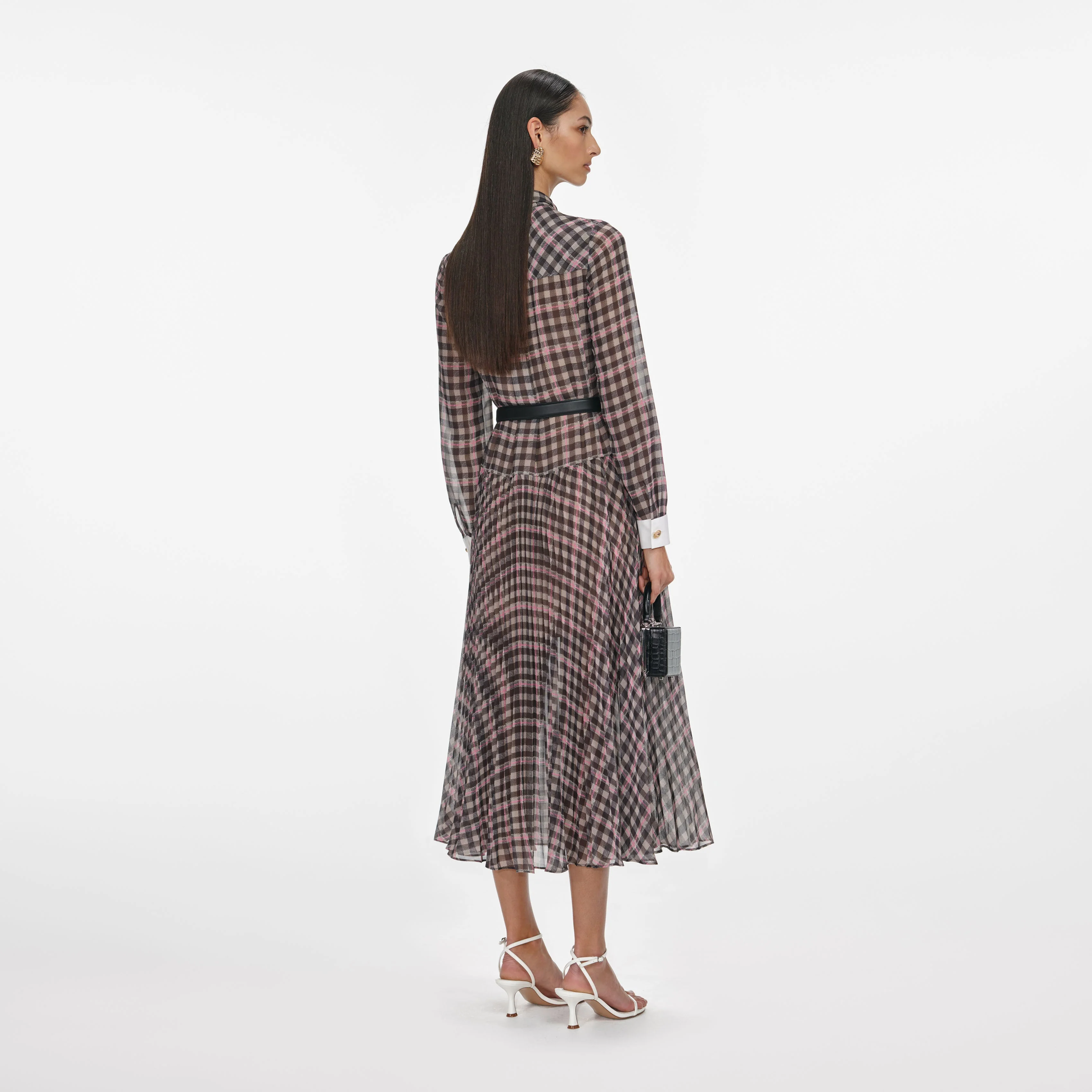 Brown Check Chiffon Midi Dress - Image 3