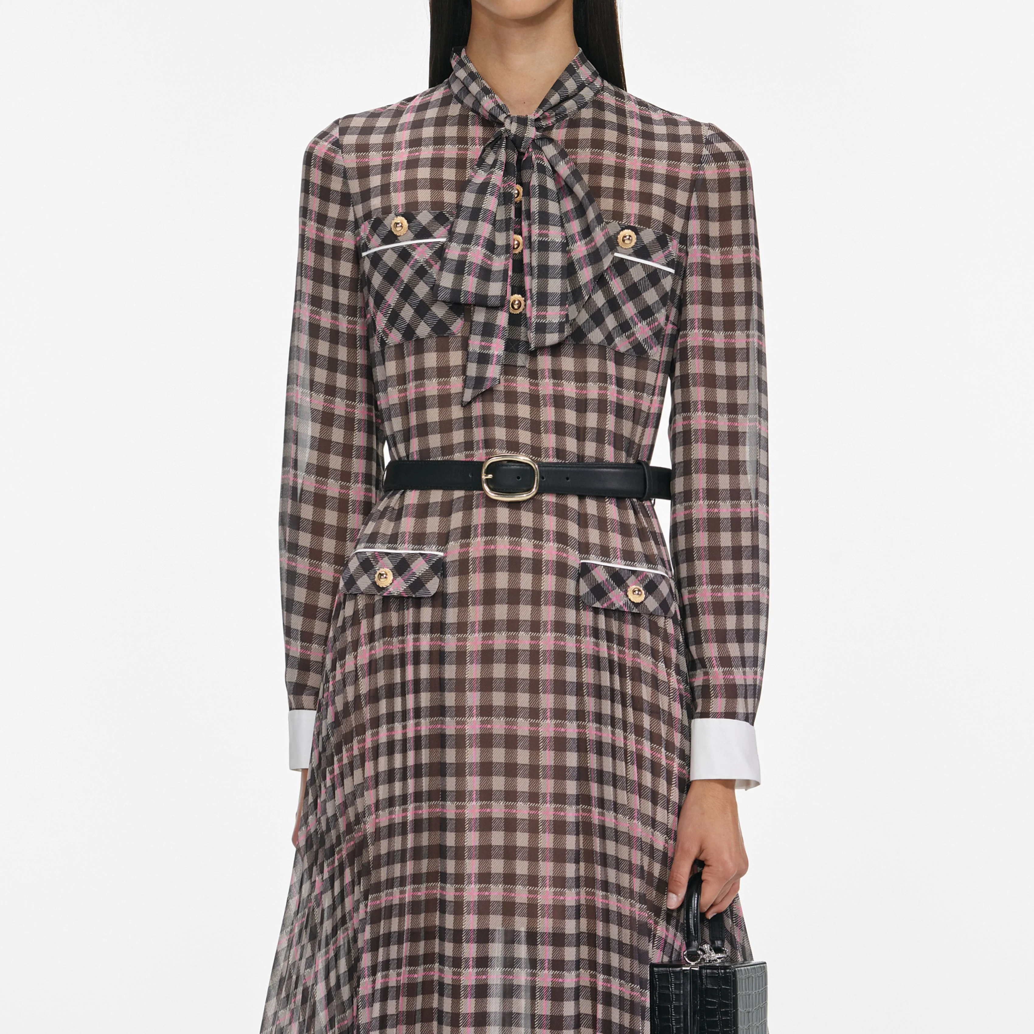 Brown Check Chiffon Midi Dress - Image 4
