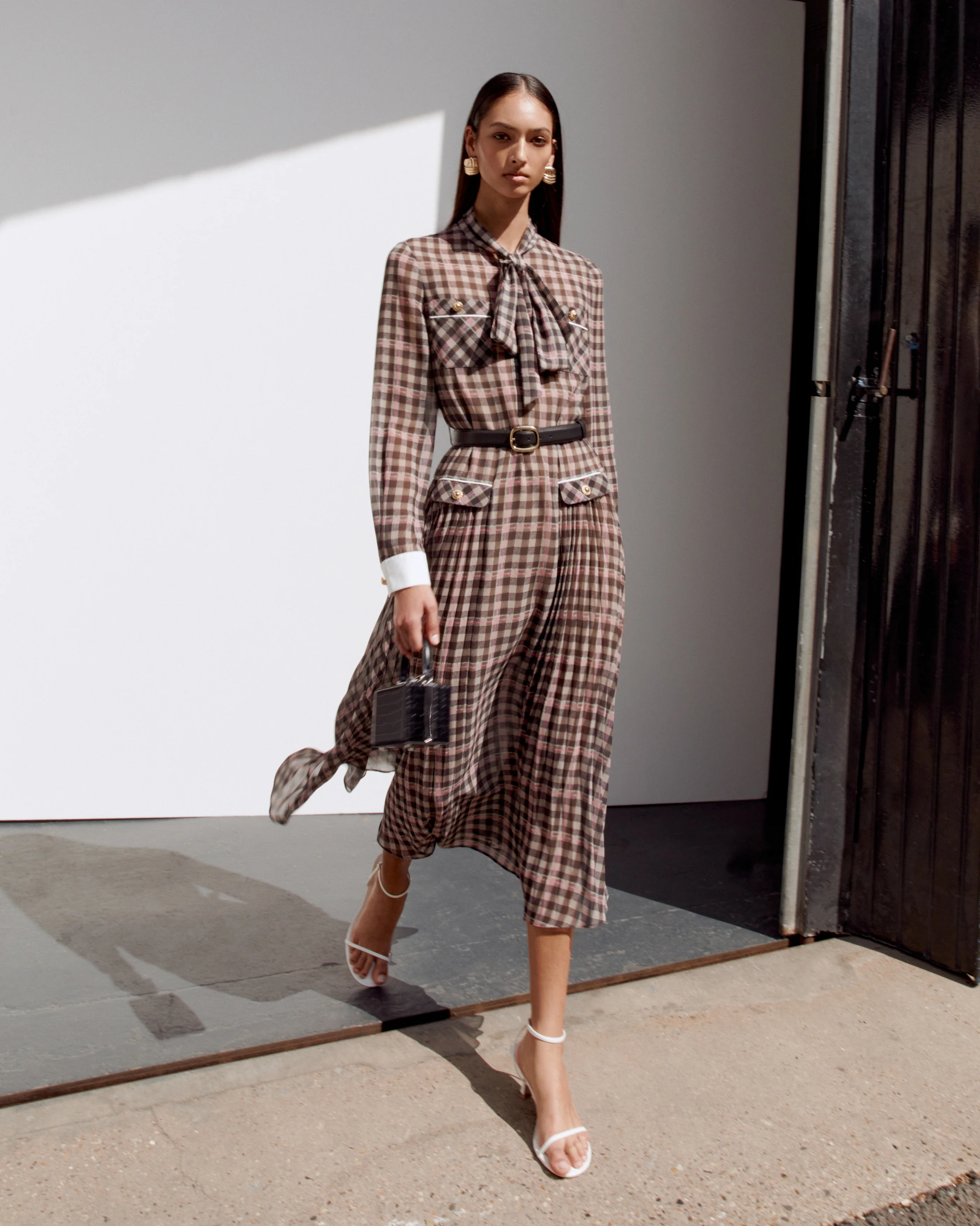 Brown Check Chiffon Midi Dress - Image 6
