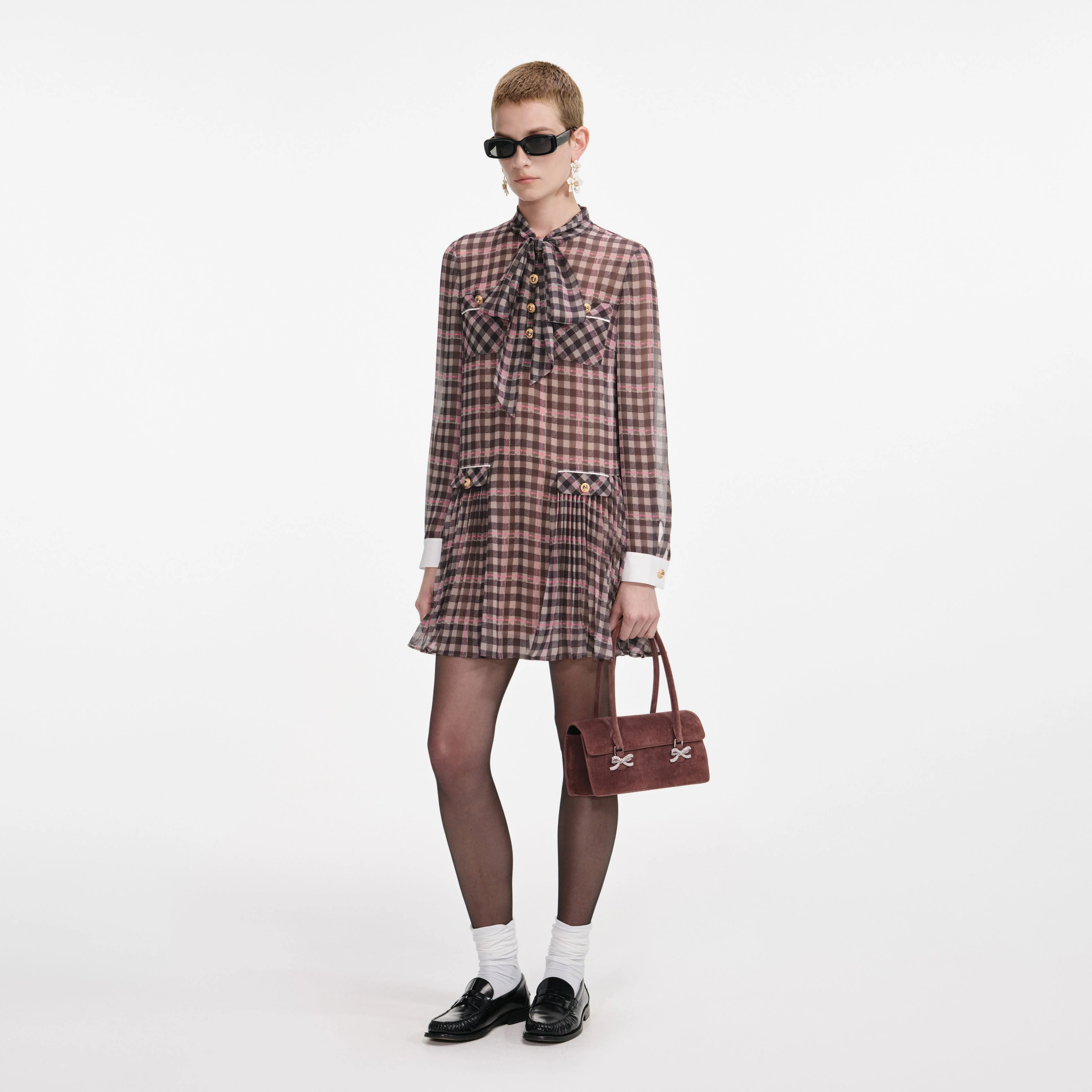 Brown Check Chiffon Mini Dress - Image 2