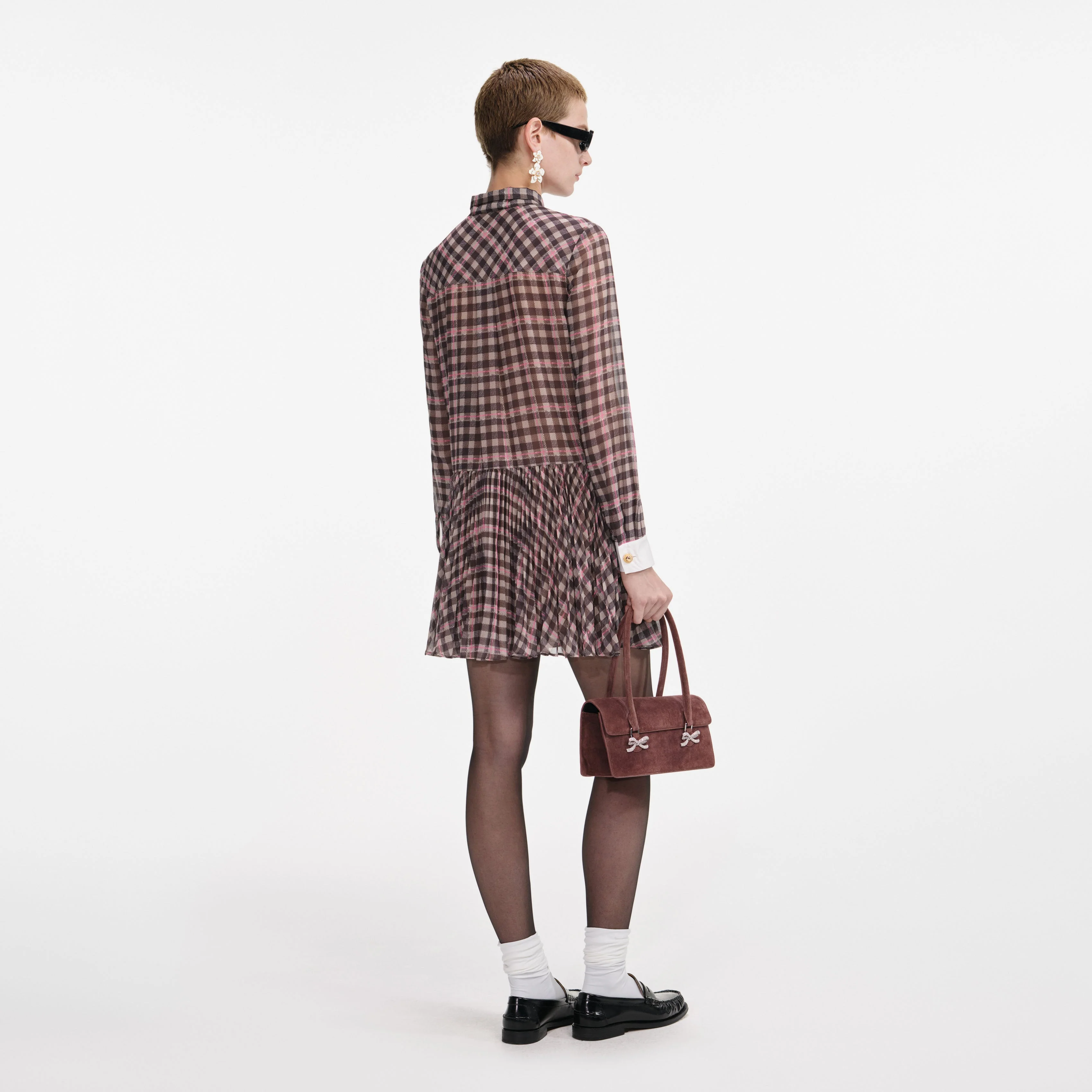 Brown Check Chiffon Mini Dress - Image 3