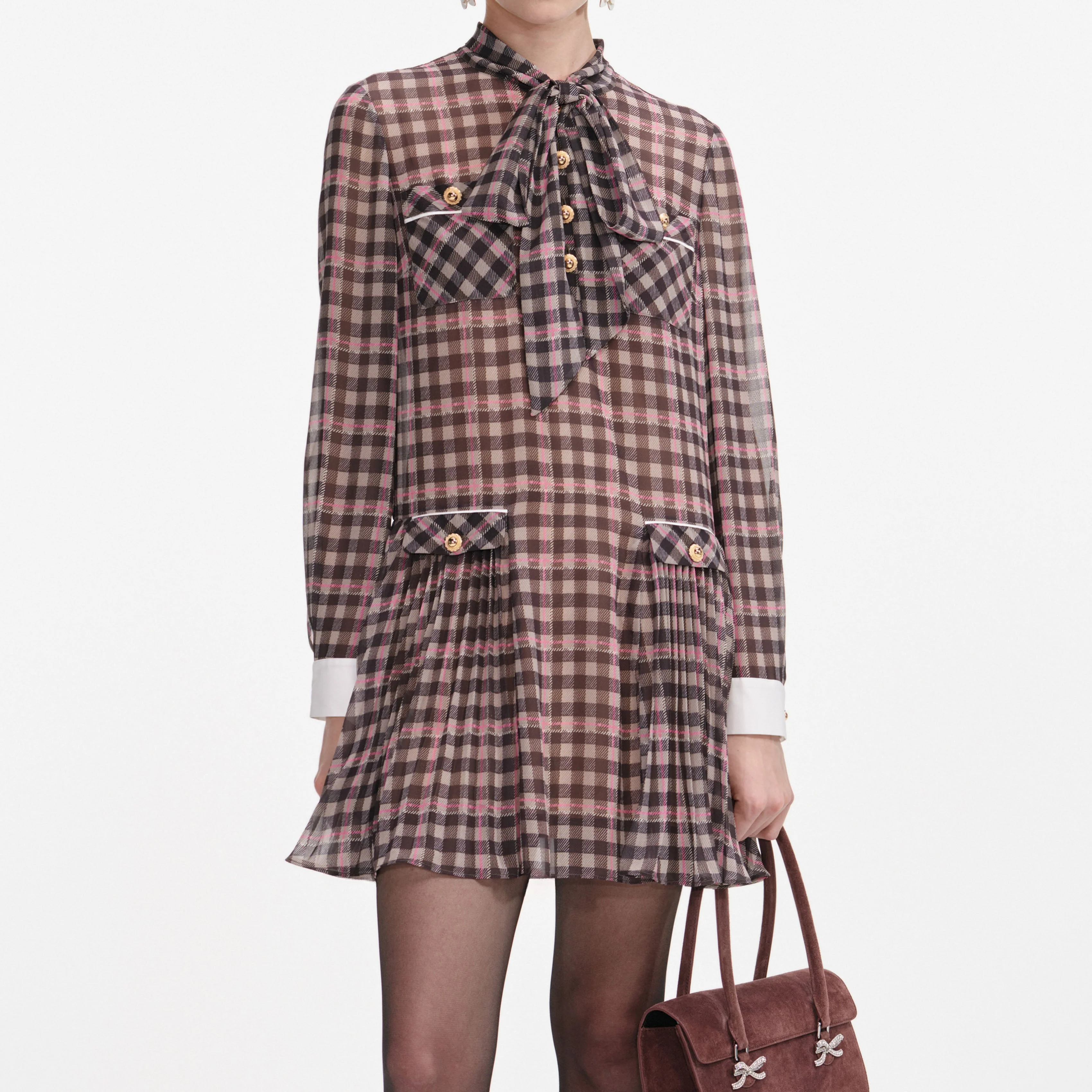 Brown Check Chiffon Mini Dress - Image 4