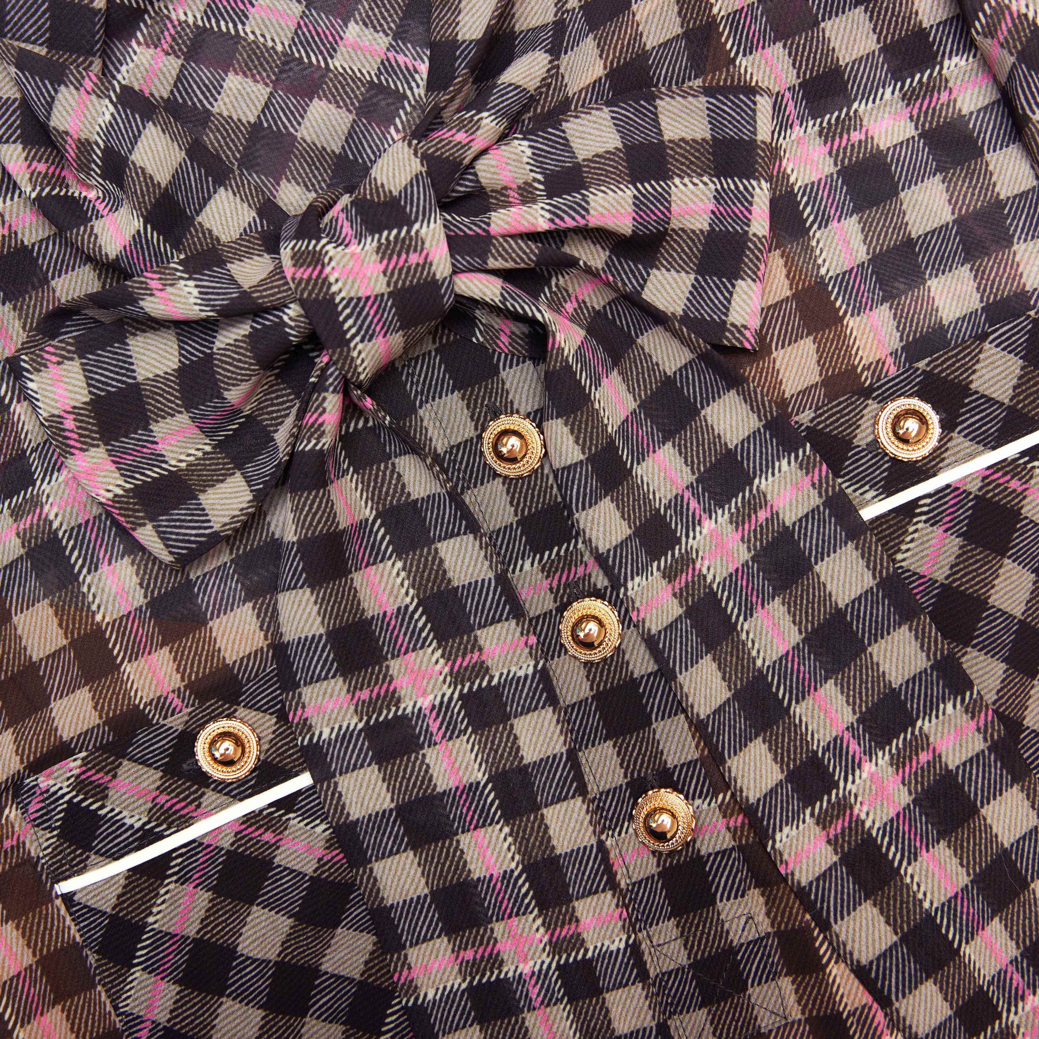 Brown Check Chiffon Mini Dress - Image 5
