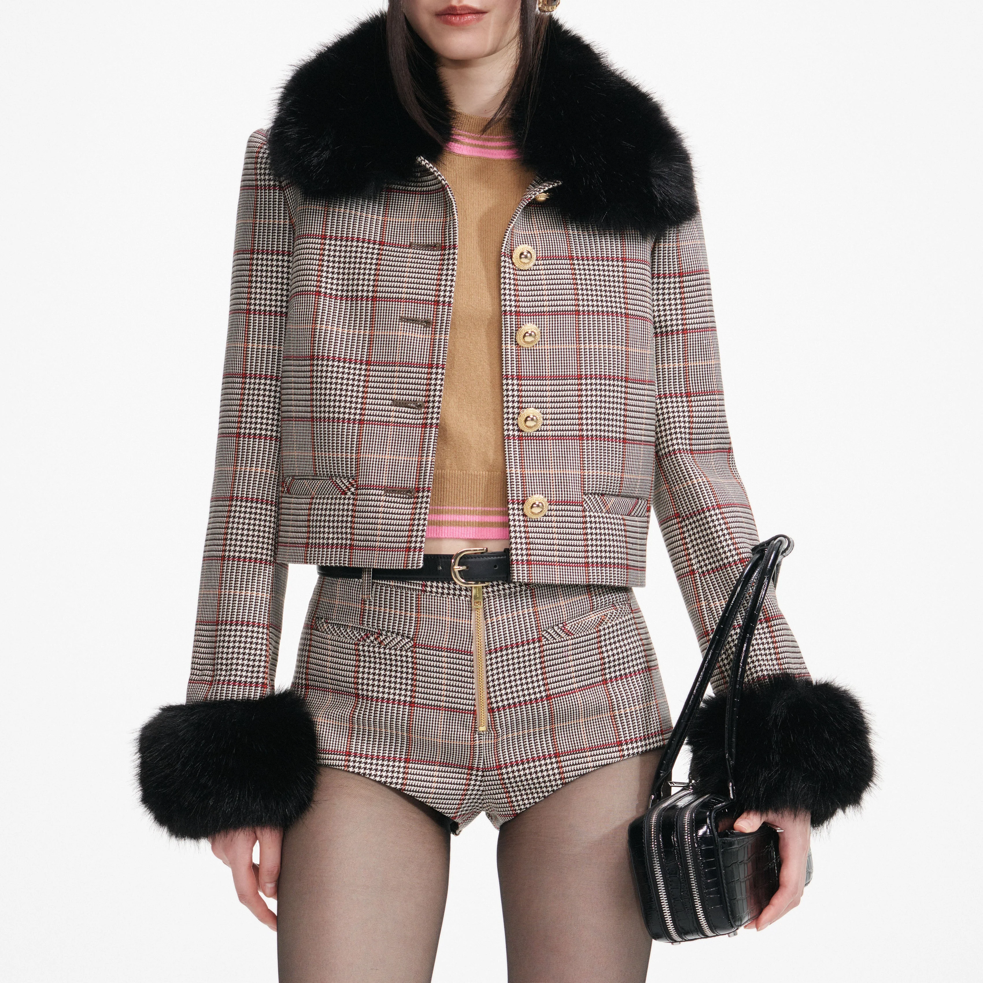 Brown Check Fur Cuff Jacket - Image 4