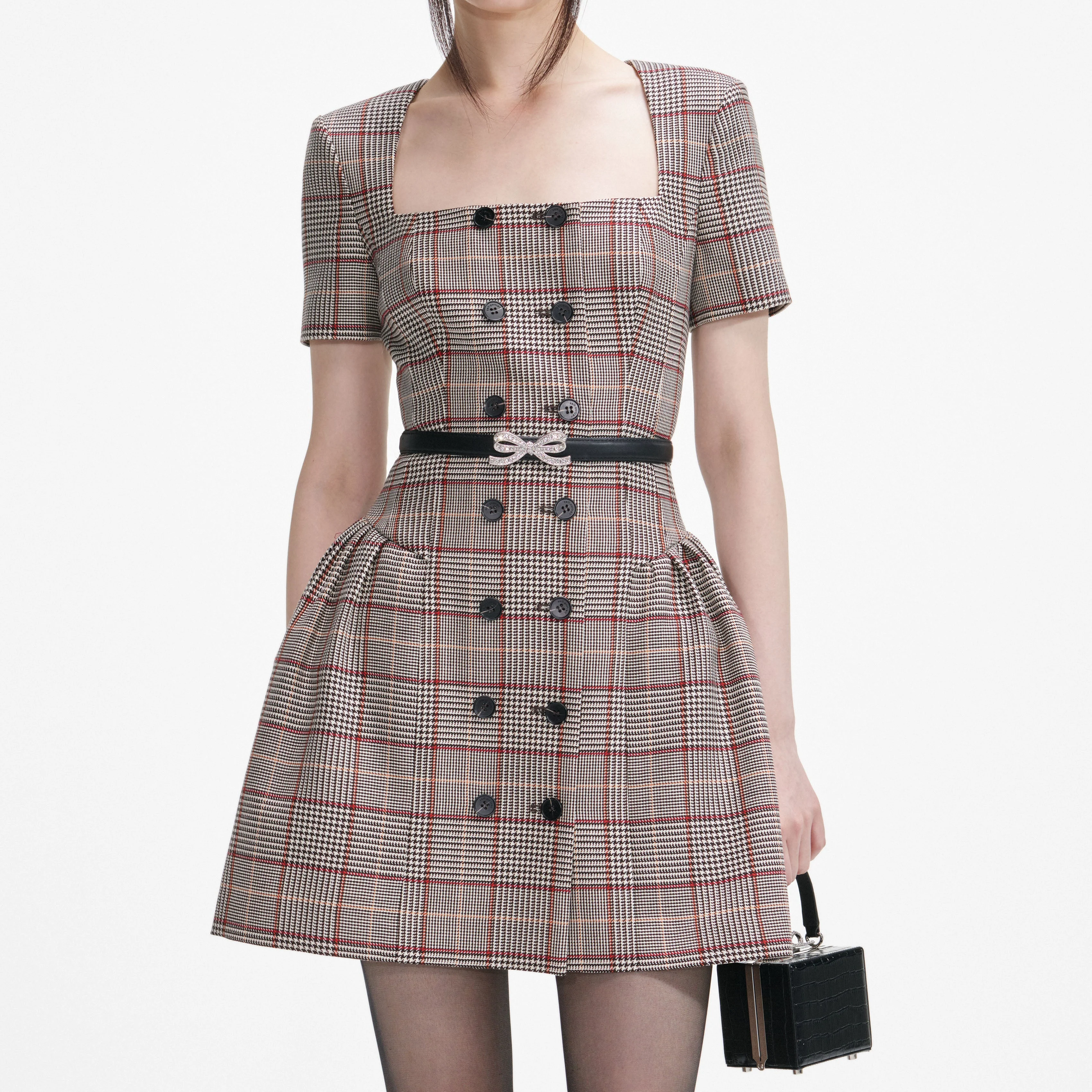 Brown Check Short Sleeve Mini Dress - Image 4