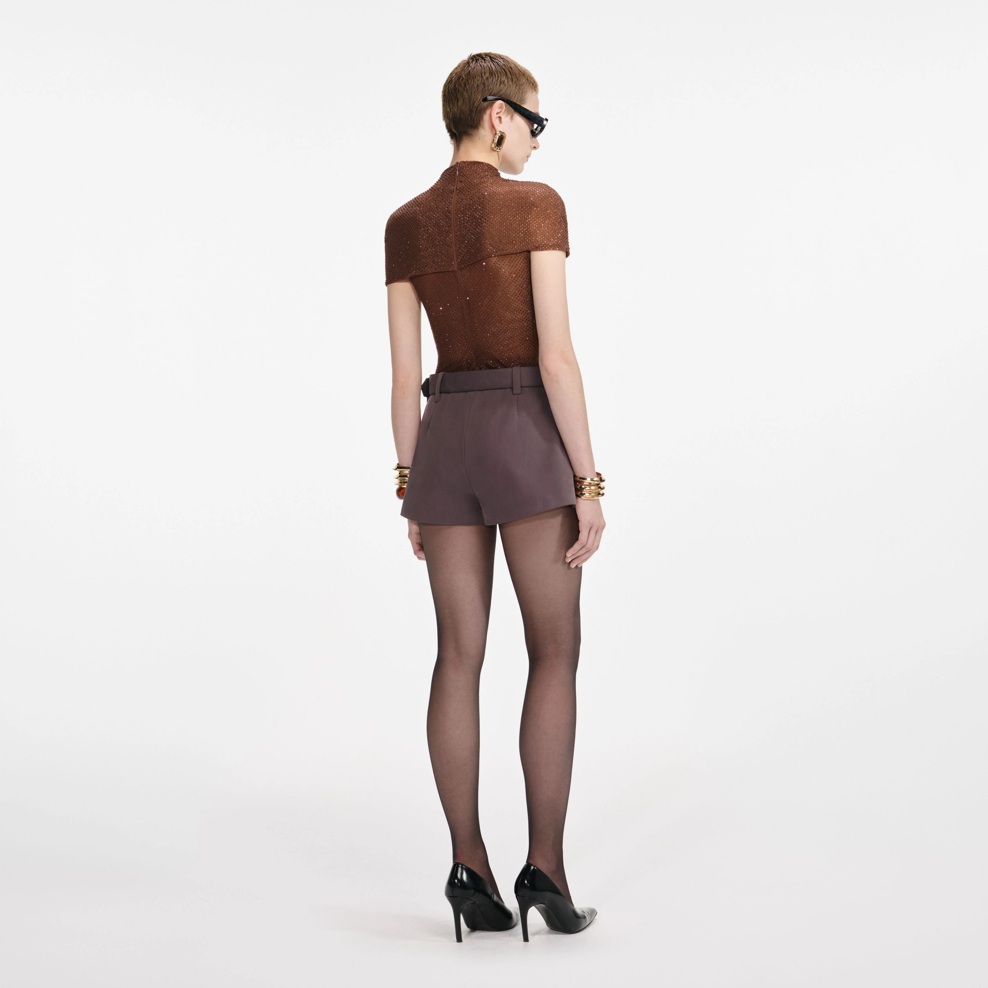 Brown Rhinestone Mesh Cut Out Top - Image 3