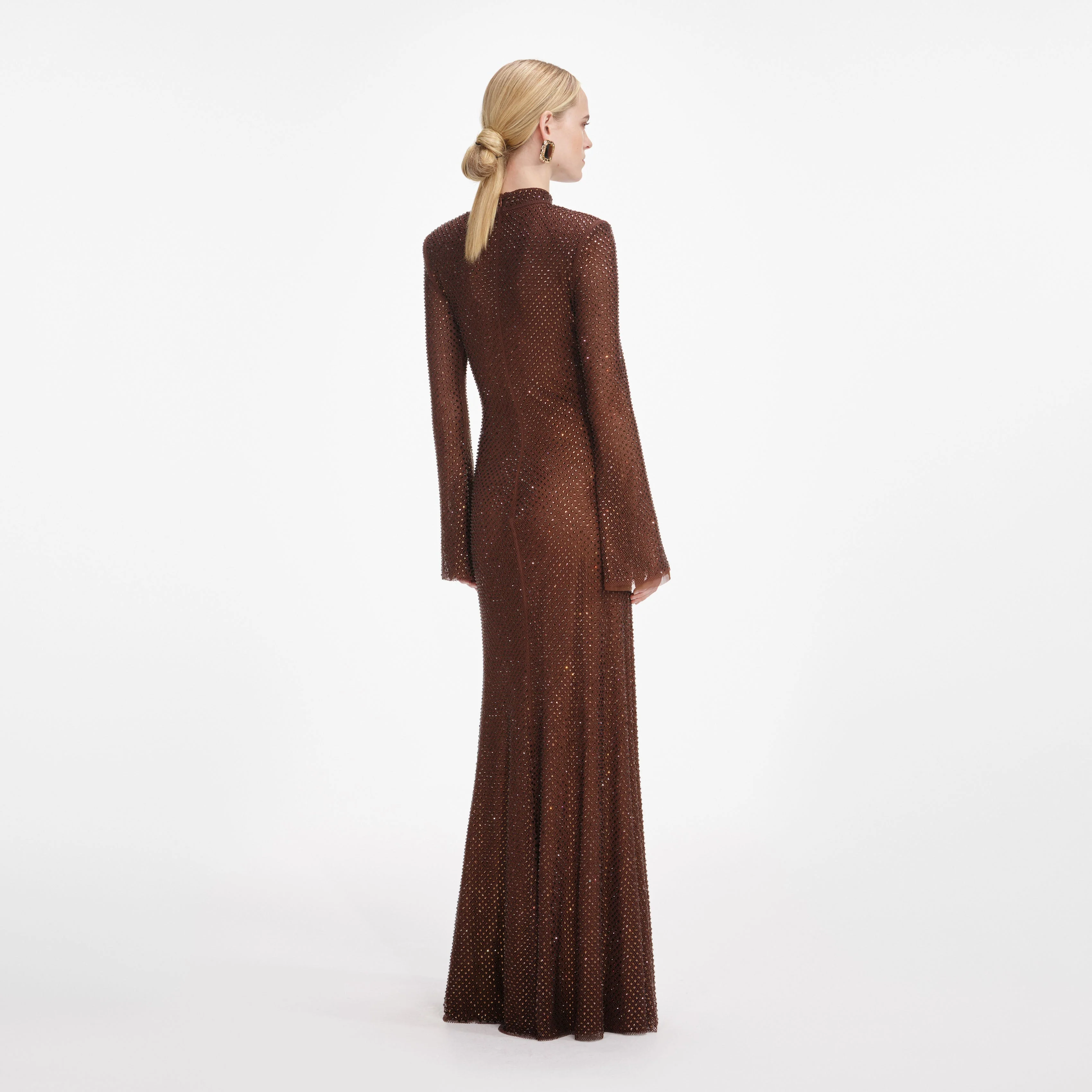 Brown Rhinestone Mesh Maxi Dress - Image 3