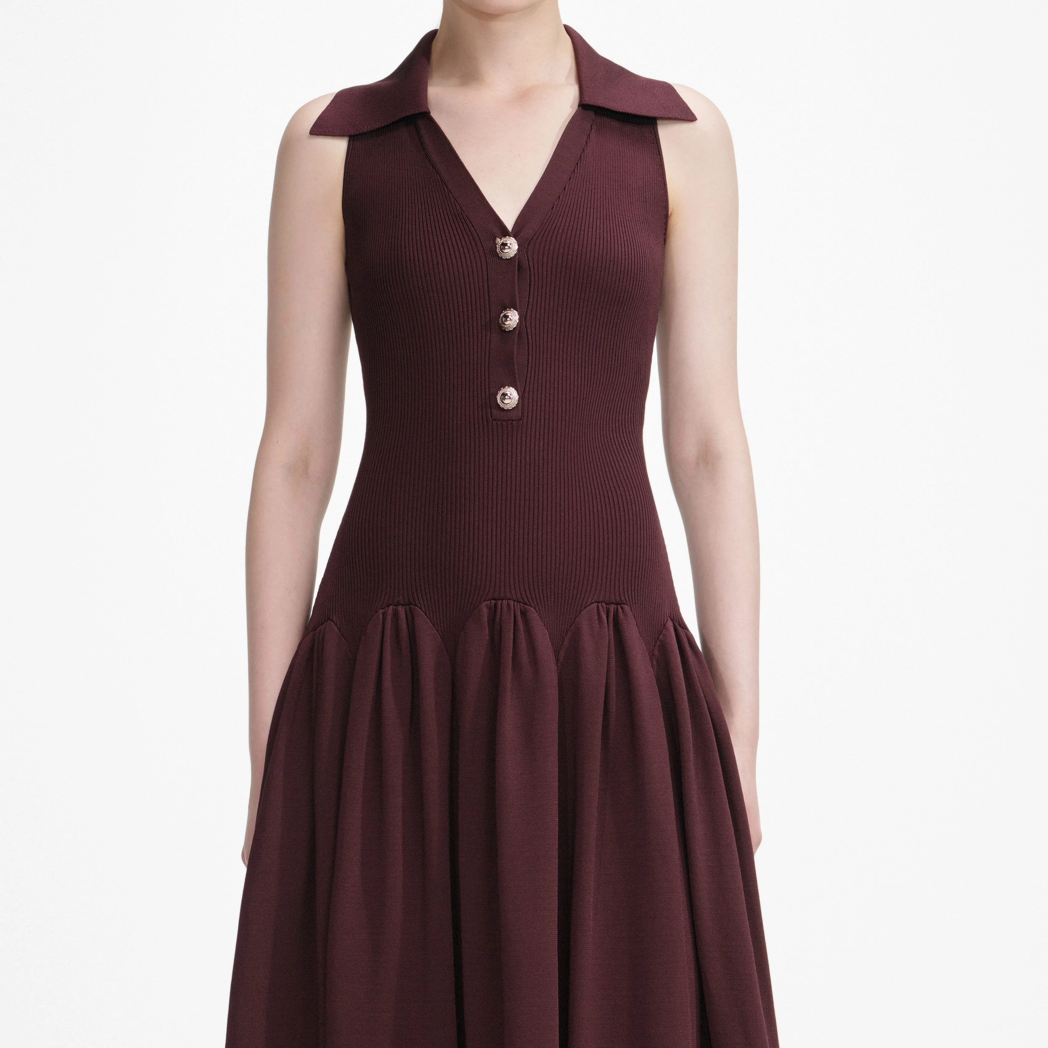 Brown Ribbed Collared Knit Midi Dress - Image 4