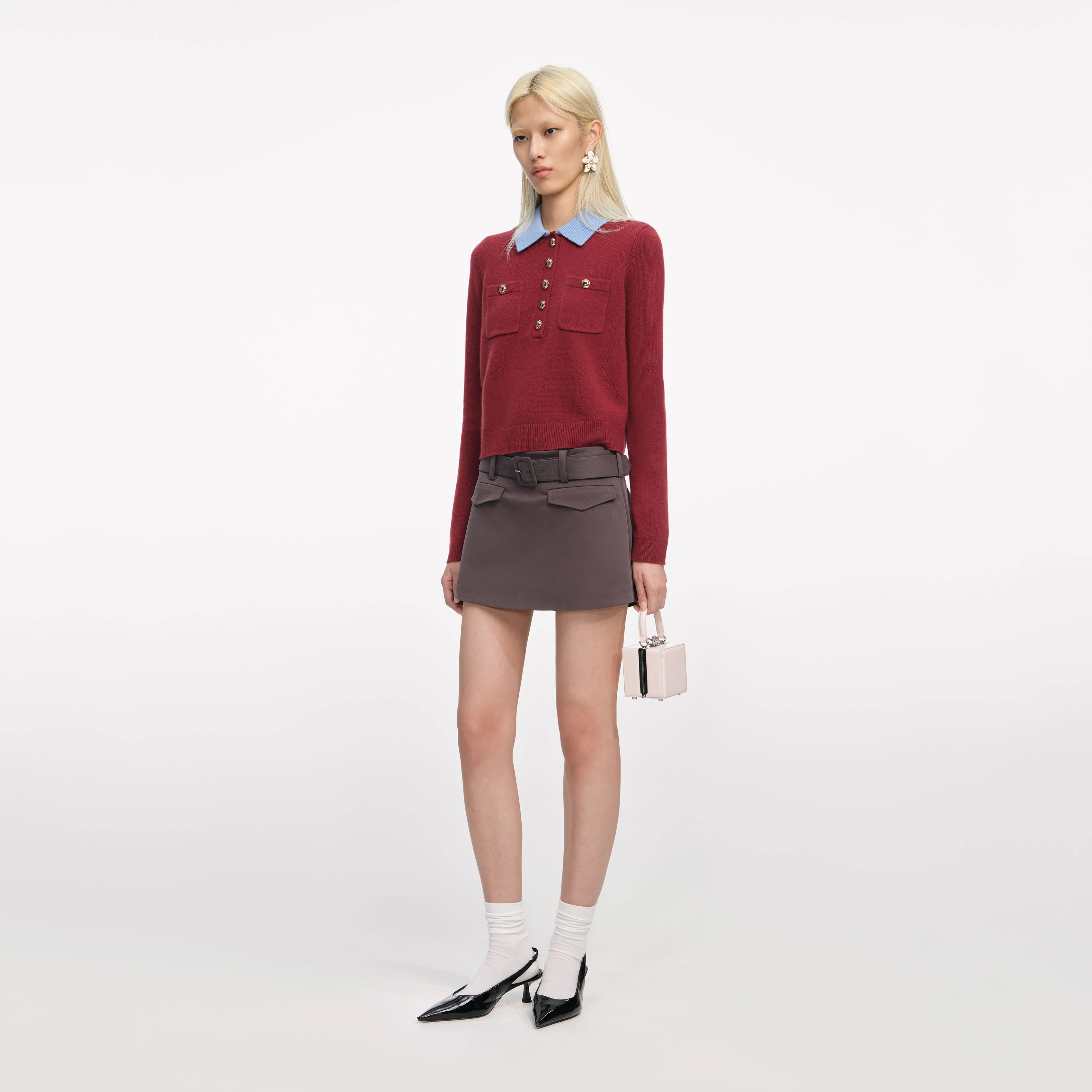 Burgundy Contrast Collar Knit Top - Image 2