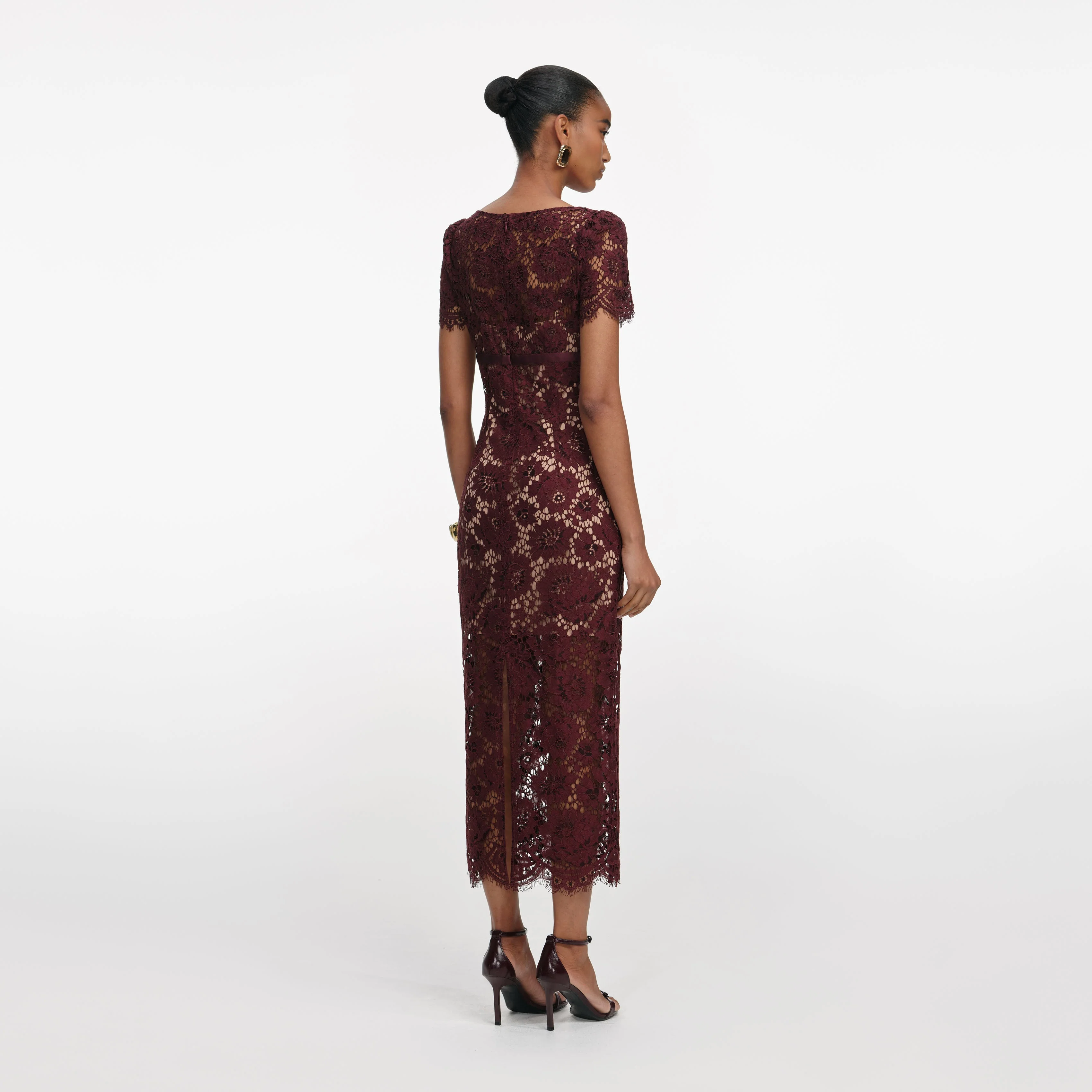 Burgundy Floral Lace Midi Dress - Image 3