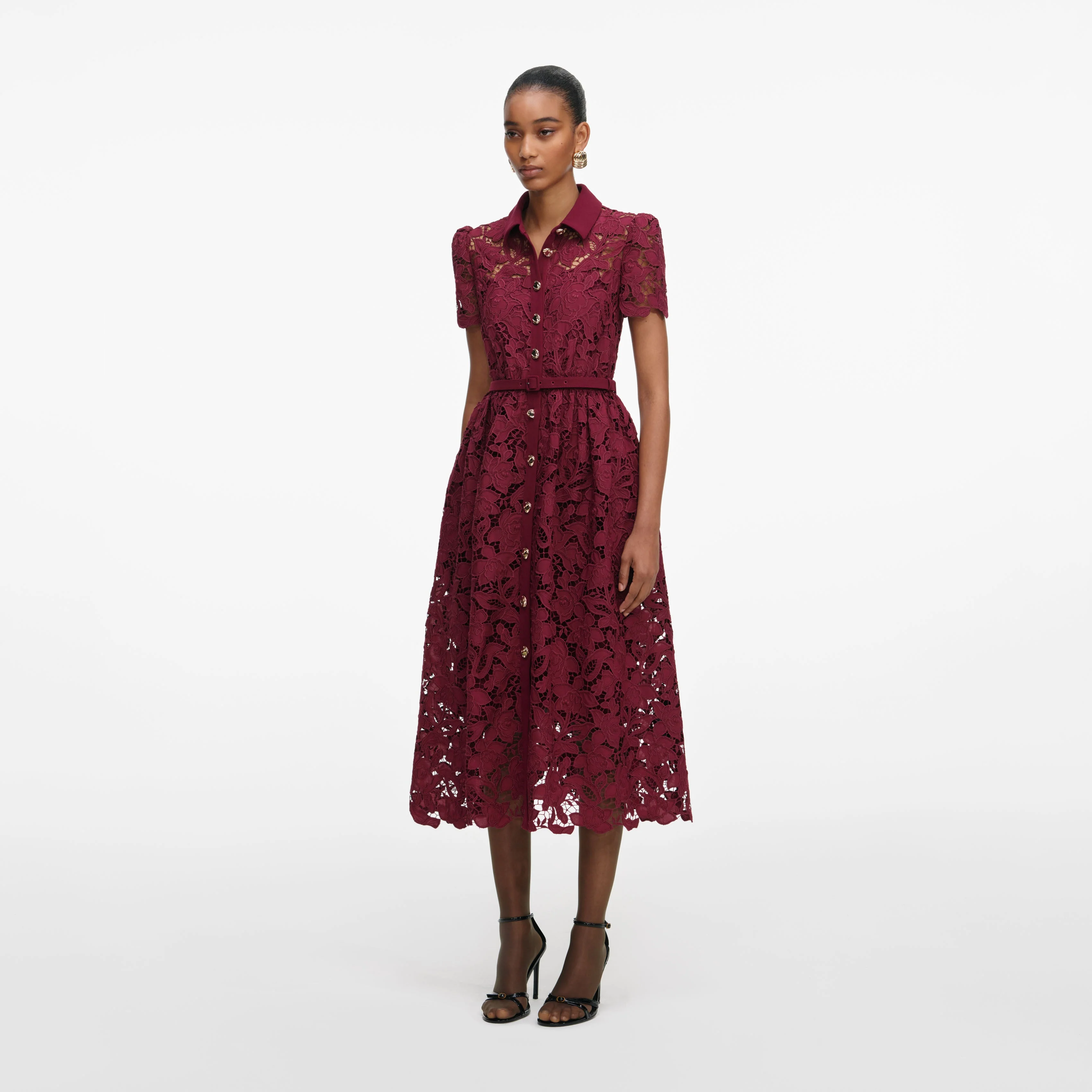 Burgundy Lace Collared Midi Dress - Image 2