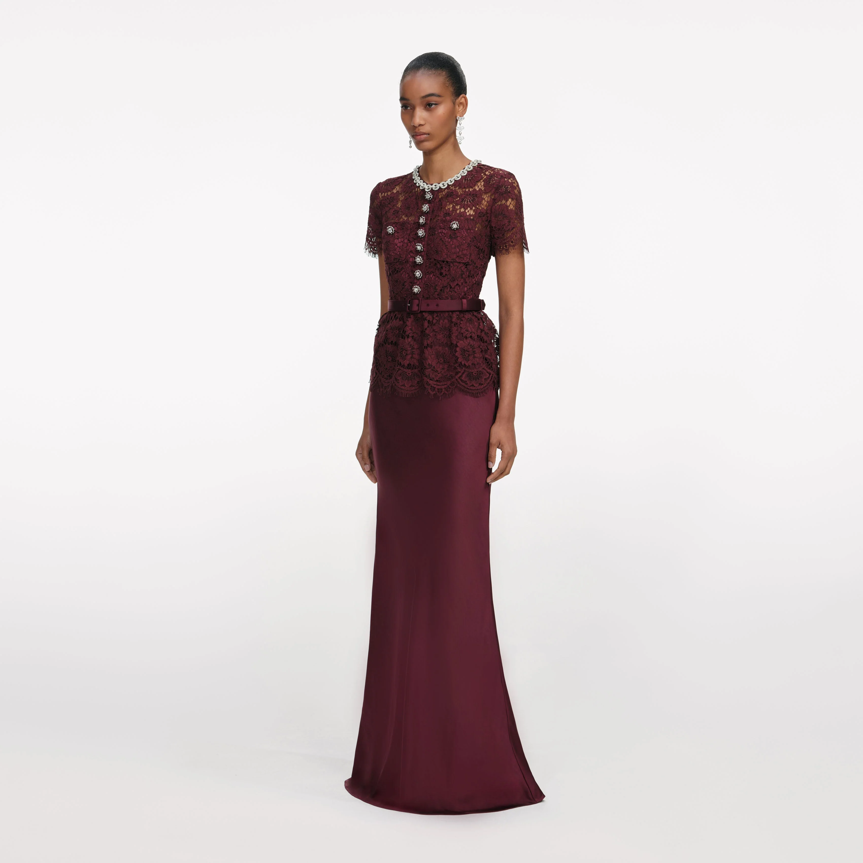 Burgundy Lace Satin Maxi Dress - Image 2